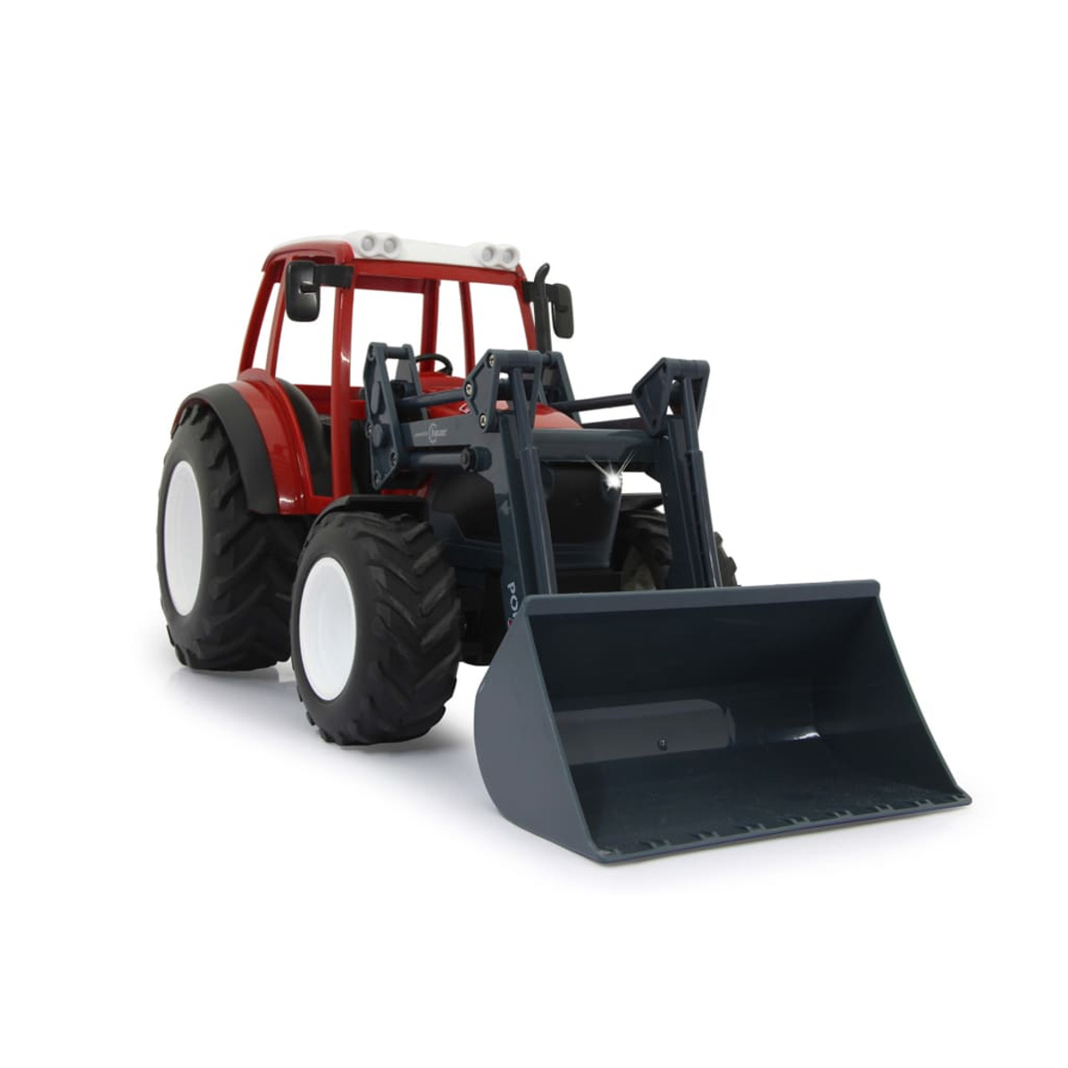 Roter Spielzeugtraktor mit grauem Frontlader, weißen Rädern und weißem Dach auf weißem Hintergrund.