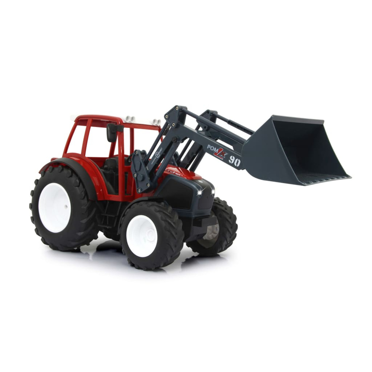 Roter Spielzeugtraktor mit grauem Frontlader, weißen Rädern und weißem Dach auf weißem Hintergrund.