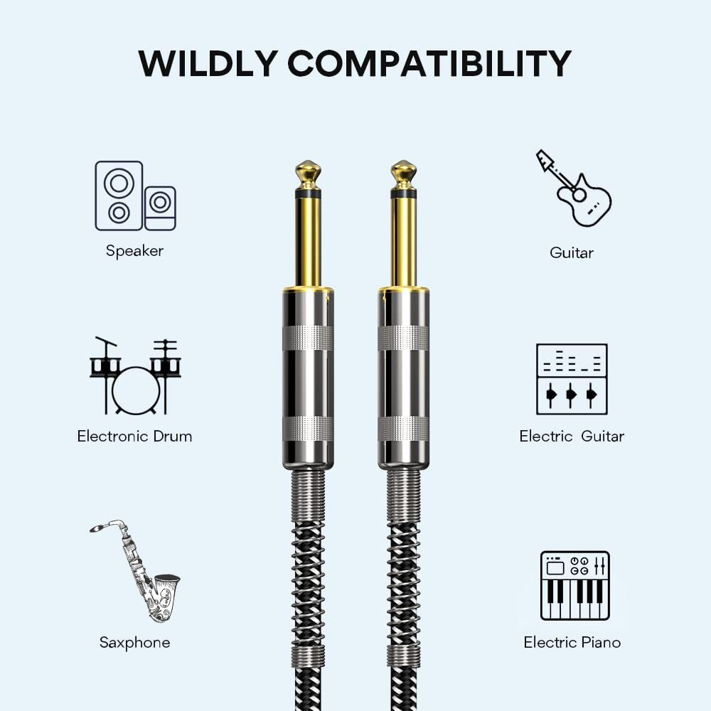 Zwei Audiokabel mit goldfarbenen Klinkensteckern. Icons von Lautsprecher, Gitarre, Schlagzeug und anderen Geräten sind gezeigt.