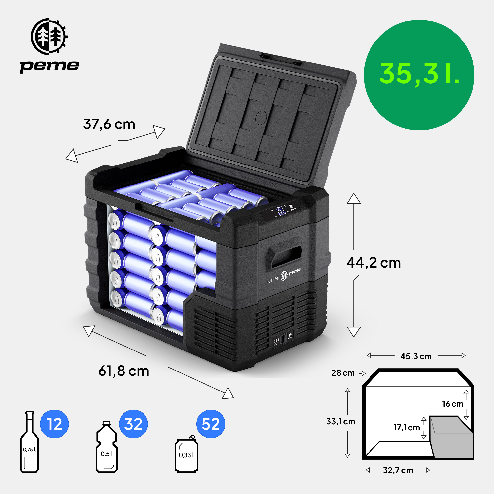 Schwarze Kühlbox geöffnet mit blauen Flaschen im Inneren. Maße werden mit Flaschensymbolen angezeigt.