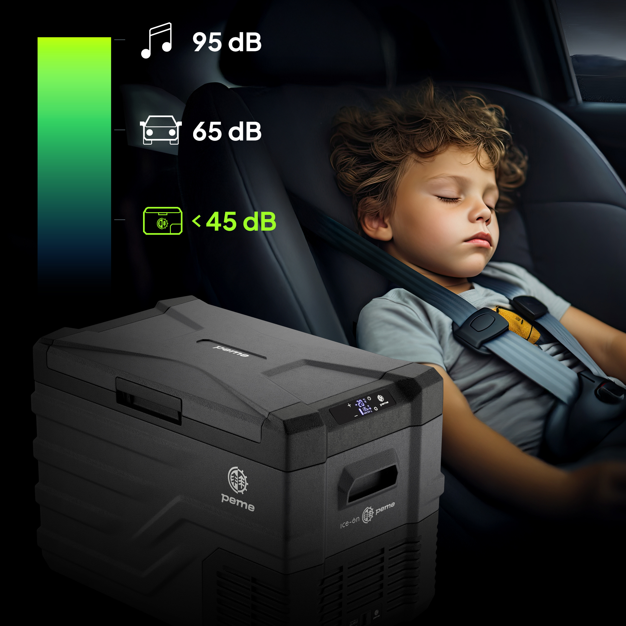 Ein schlafendes Kind in einem Auto. Eine Kühlbox und Schallpegelanzeigen sind im Vordergrund.