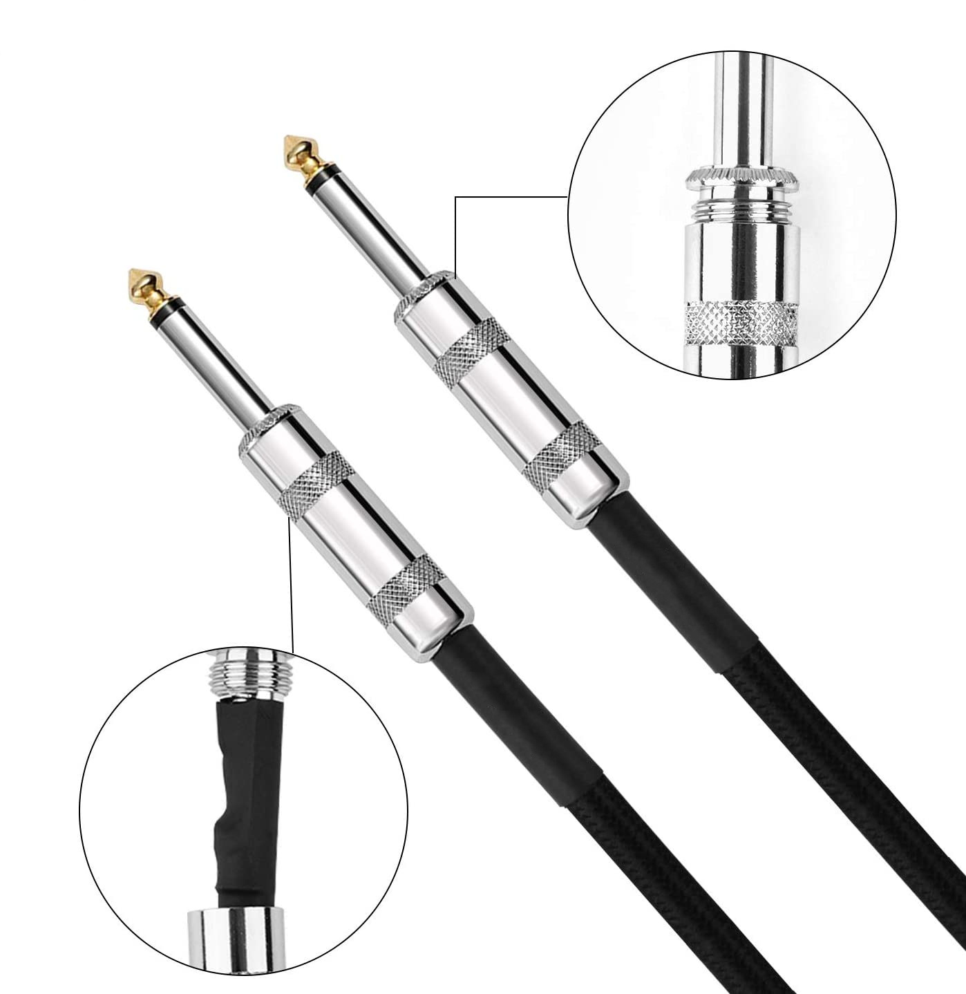 Zwei Audiokabel mit Klinkensteckern. Nahaufnahmen zeigen die Klinkensteckerdetails und das schwarze Kabel.