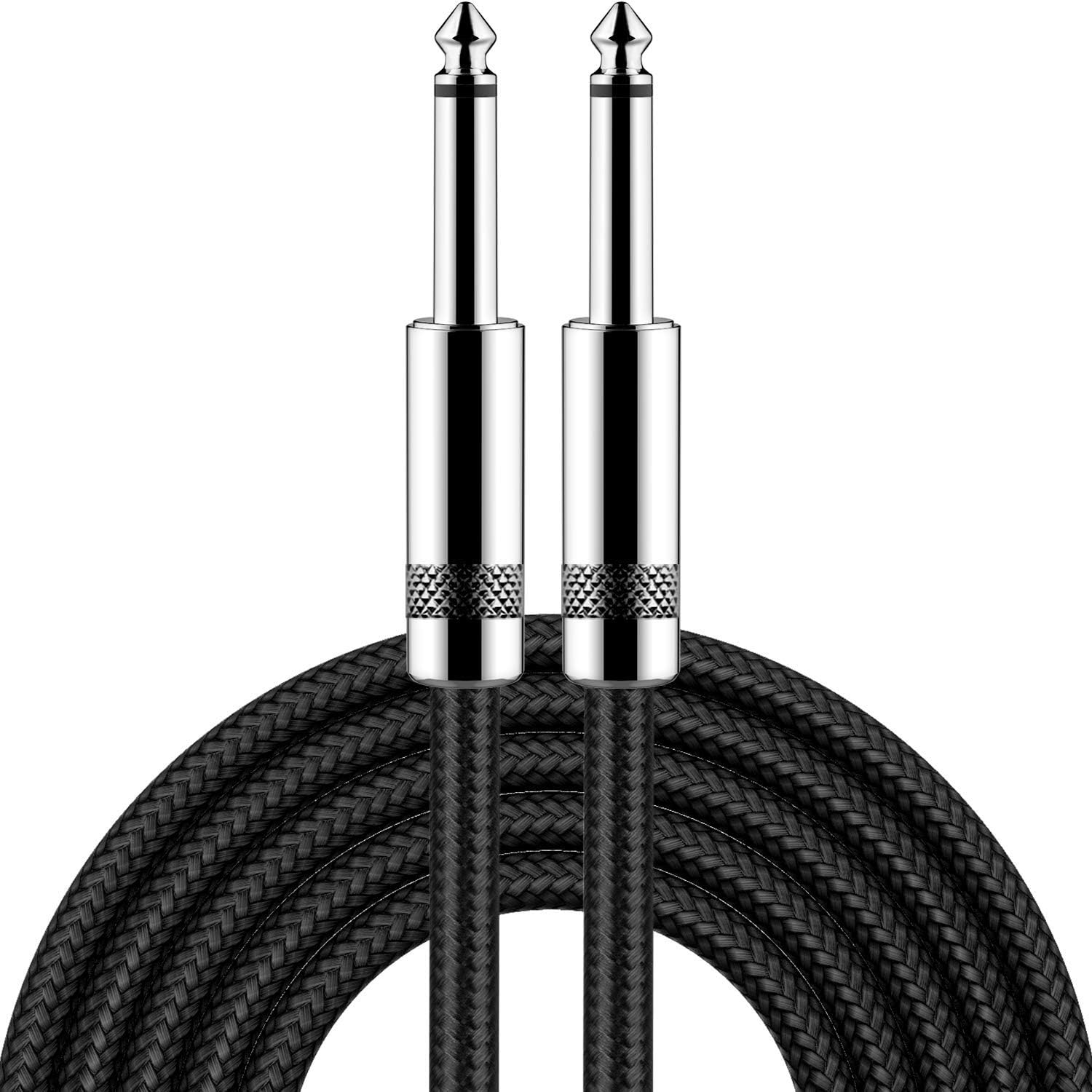 Zwei silberne Gitarrenkabel mit schwarzen geflochtenen Bezügen, nach oben abgewinkelt. Die Anschlüsse sind metallisch und glänzend.