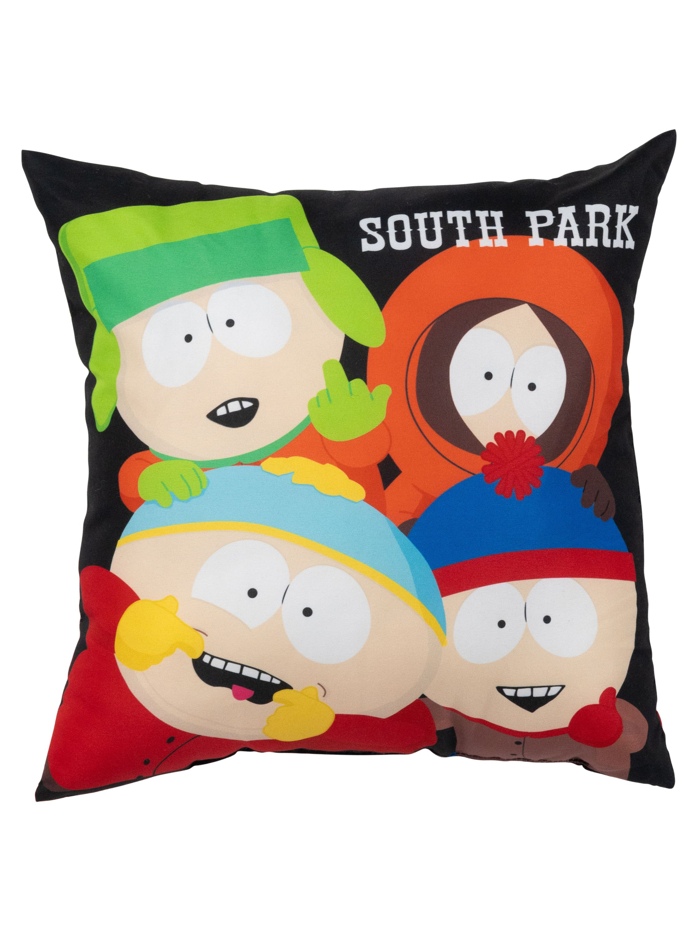Ein Kissen mit South Park-Charakteren. Die Charaktere sind Cartman, Kenny, Stan und Kyle.