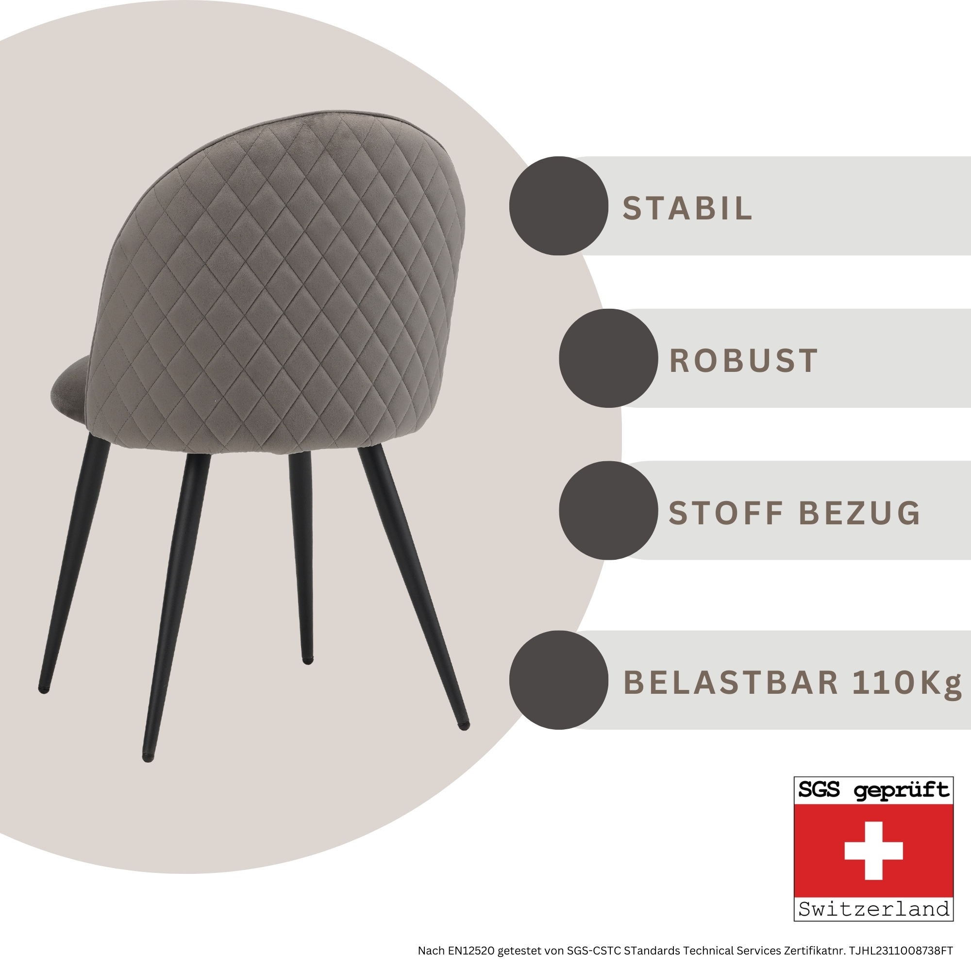 Ein Stuhl mit grauem Sitz und schwarzen Beinen. Er hat ein gestepptes Muster auf der Rückenlehne.