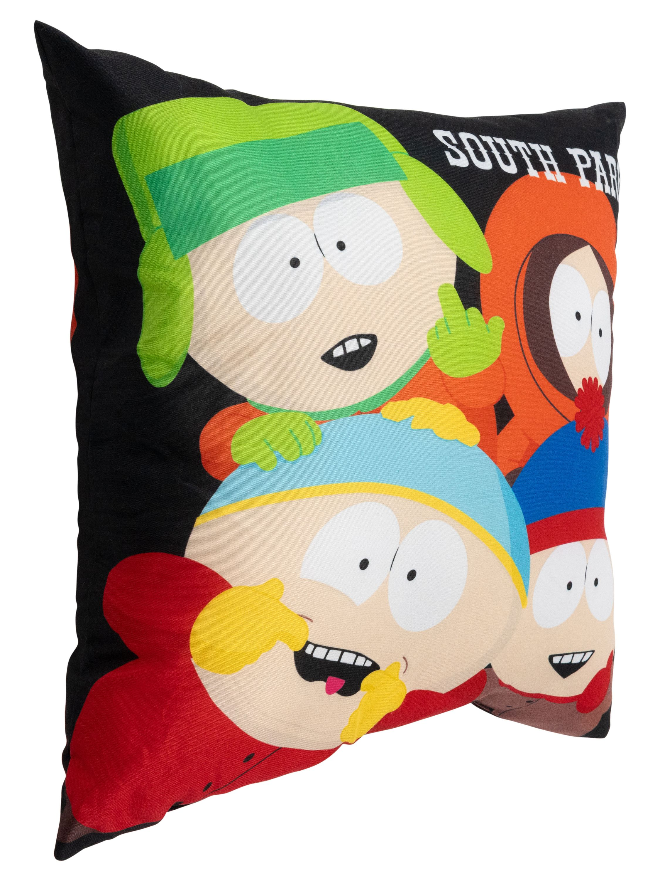 Ein South Park Kissen mit Cartoon-Figuren auf weißem Hintergrund.