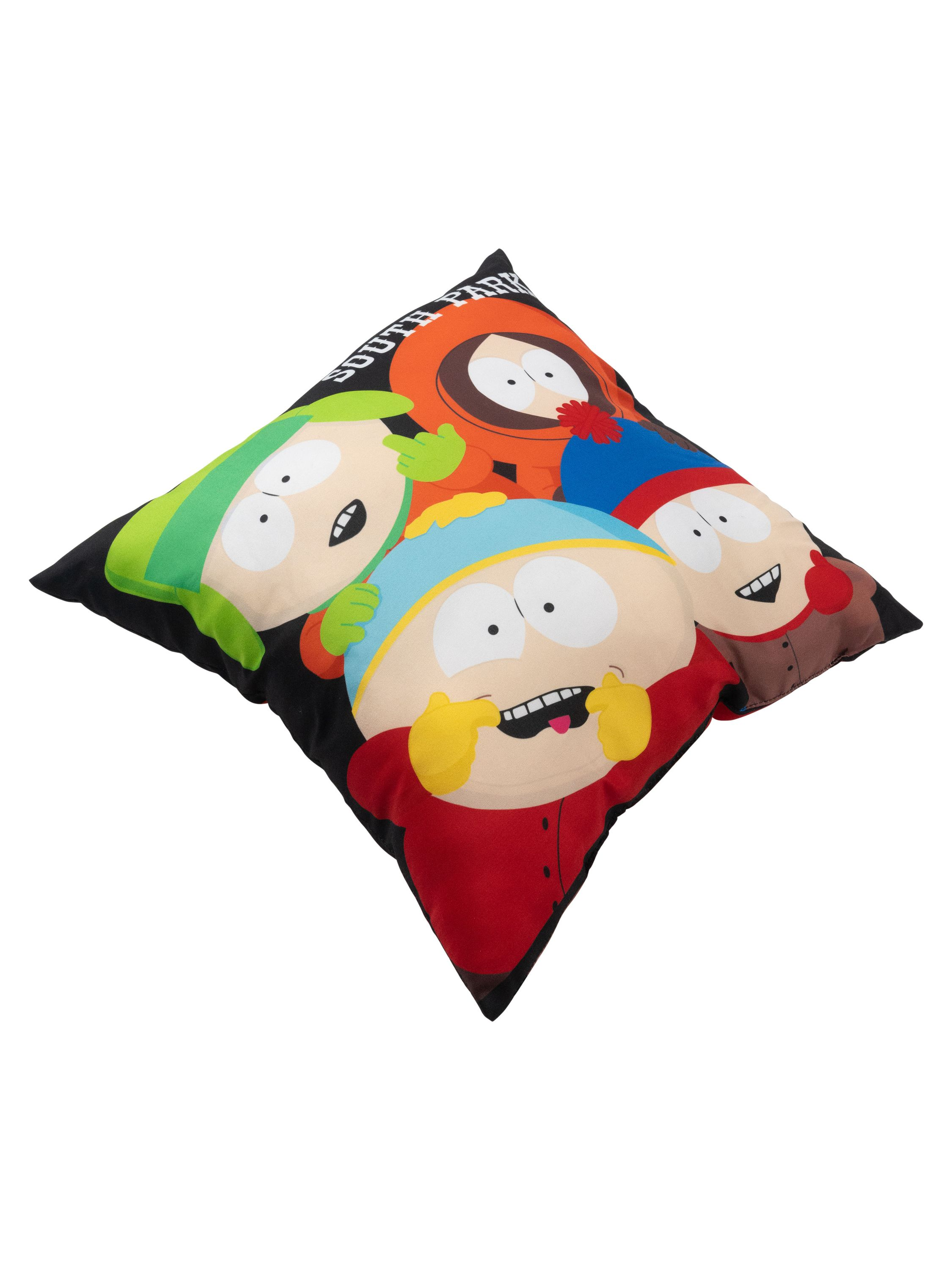 Ein South Park Kissen mit Cartoon-Figuren auf schwarzem Hintergrund.