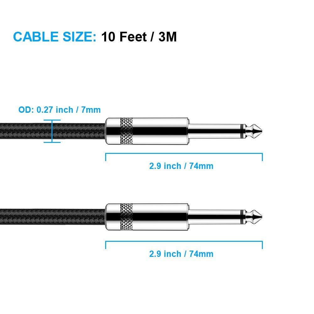Zwei Audiokabel mit Steckern. Jeder Stecker ist 2,9 Zoll lang. Die Kabelgröße beträgt 10 ft / 3M.
