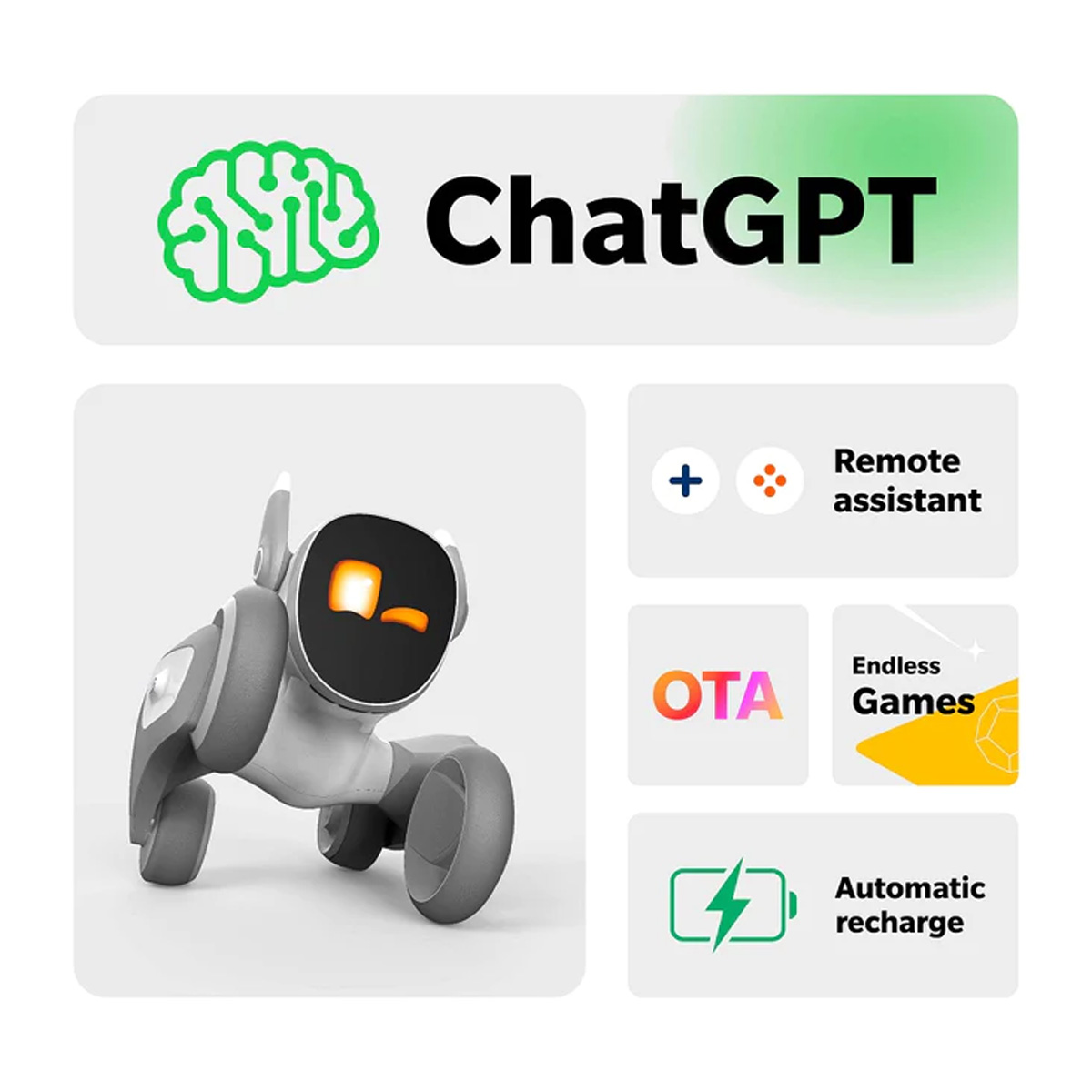 Tekerlekleri ve ChatGPT yazan bir ekranı olan küçük bir robot. Robotun sevimli bir tasarımı var.