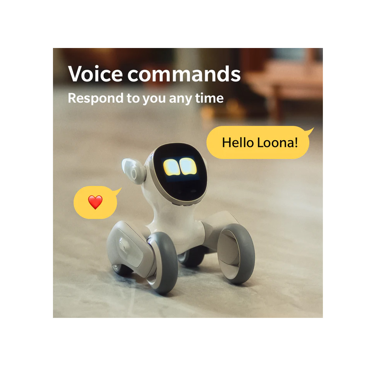 Bir ekranı olan bir robot. Bir konuşma balonu şöyle der: Merhaba Loona! Ayrıca resimde bir kalp var.