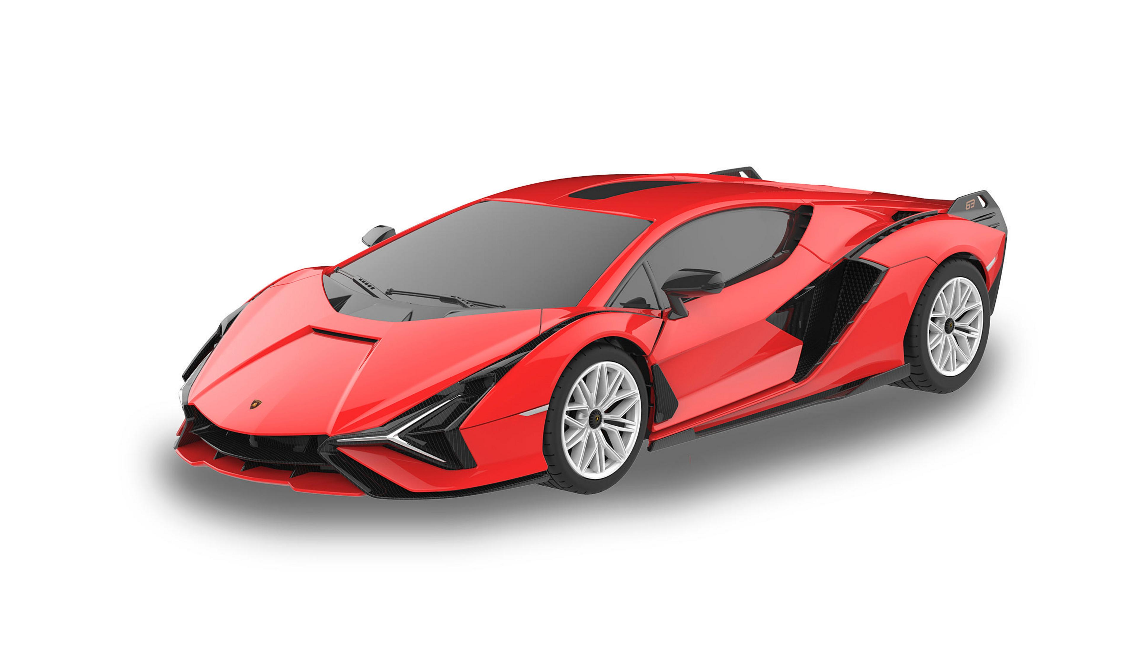 Ein roter Lamborghini-Sportwagen auf weißem Hintergrund. Das Auto ist nach links abgewinkelt.