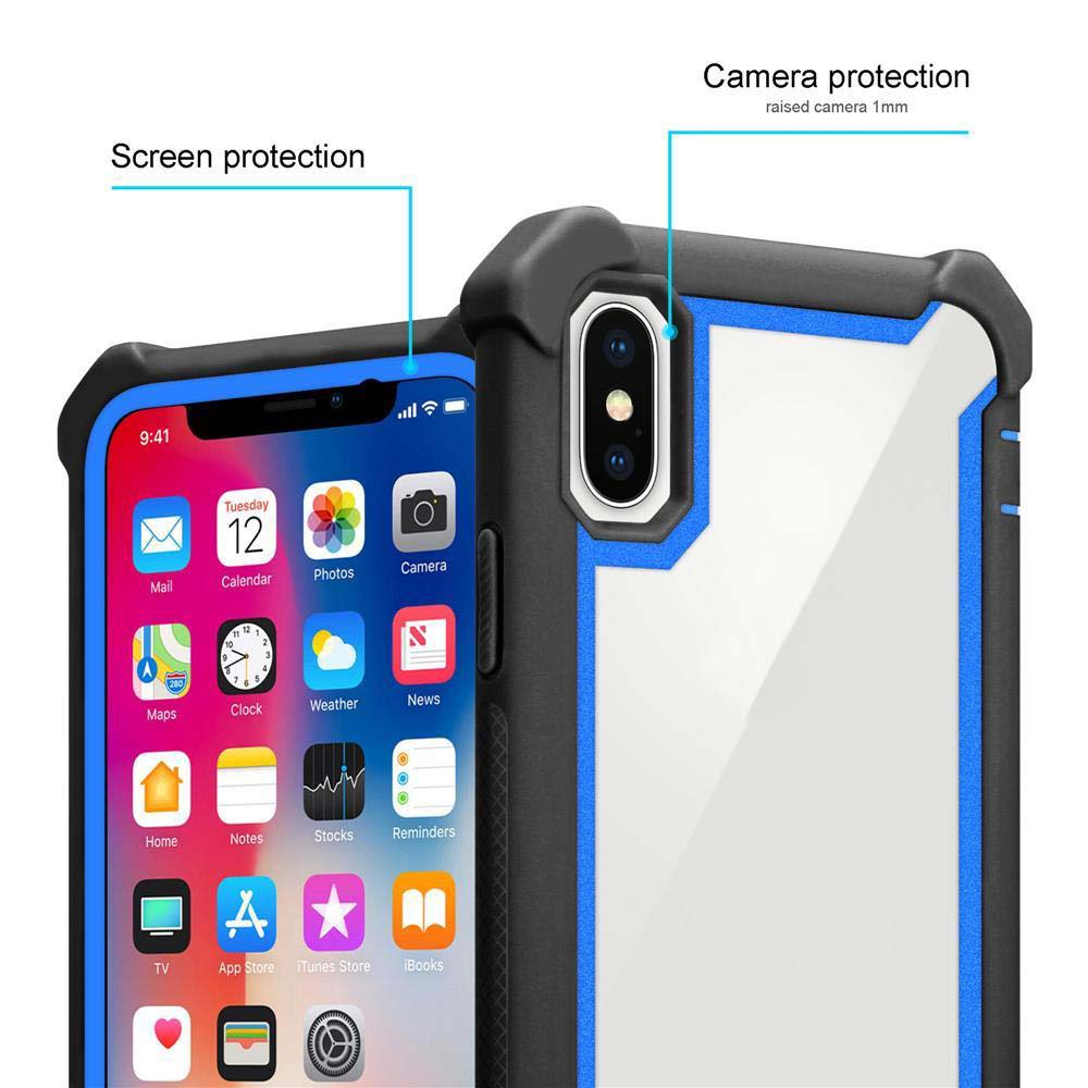 Un iPhone con una custodia. Lo schermo mostra le icone delle app e la data. La custodia è blu e nera.