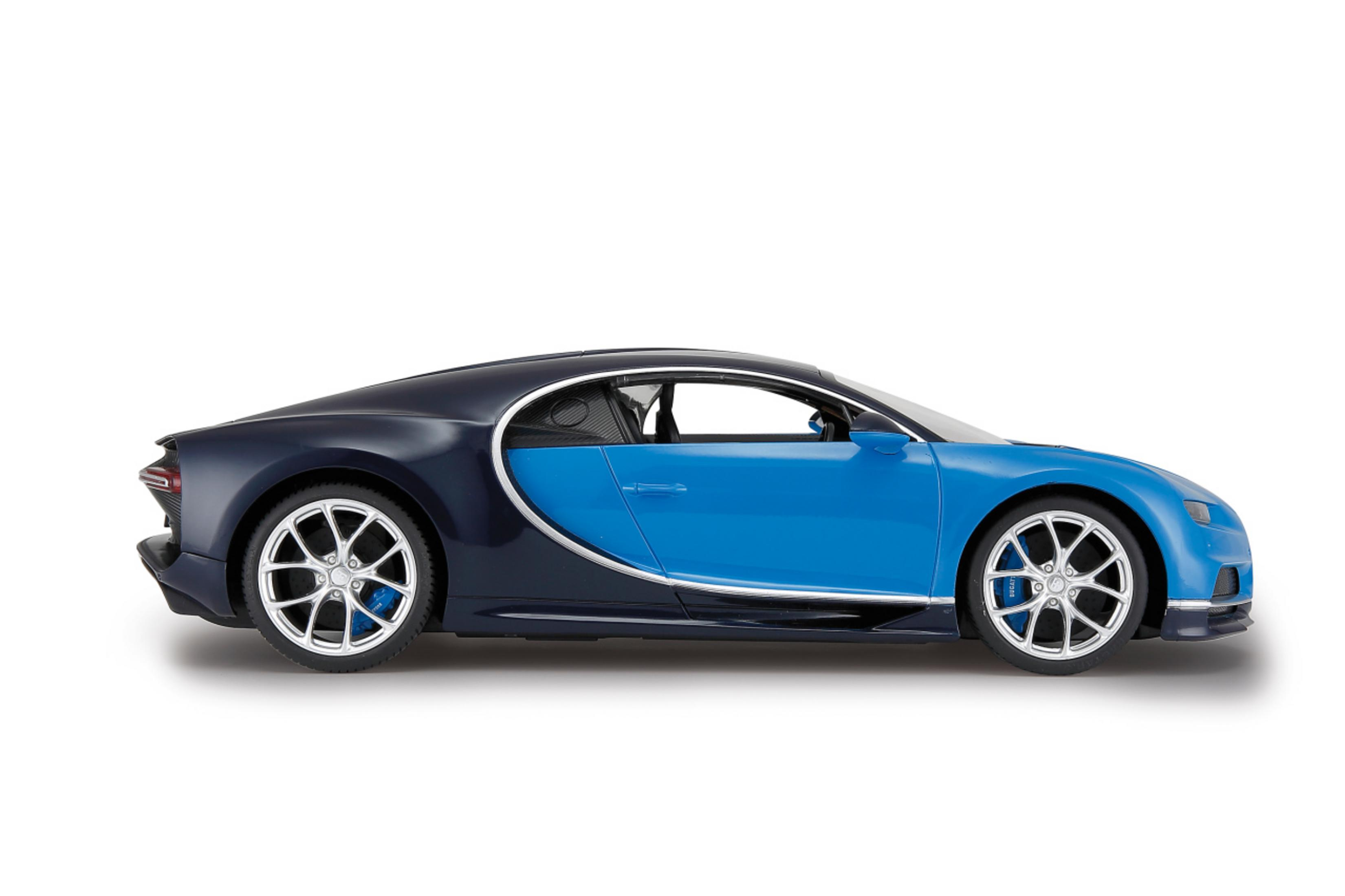 Ein blau-schwarzer Sportwagen. Das Auto steht auf einer weißen Oberfläche.