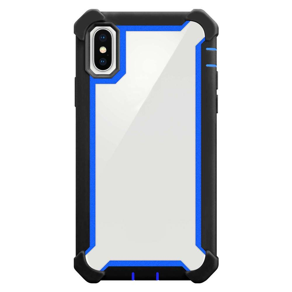 Custodia per telefono nera e blu, con retro trasparente. Fotocamera e pulsanti laterali visibili.