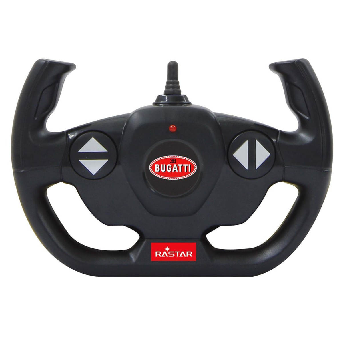 Schwarzes Spielzeuglenkrad mit Bugatti-Logo und Rastar-Markenzeichen, mit Steuertasten.