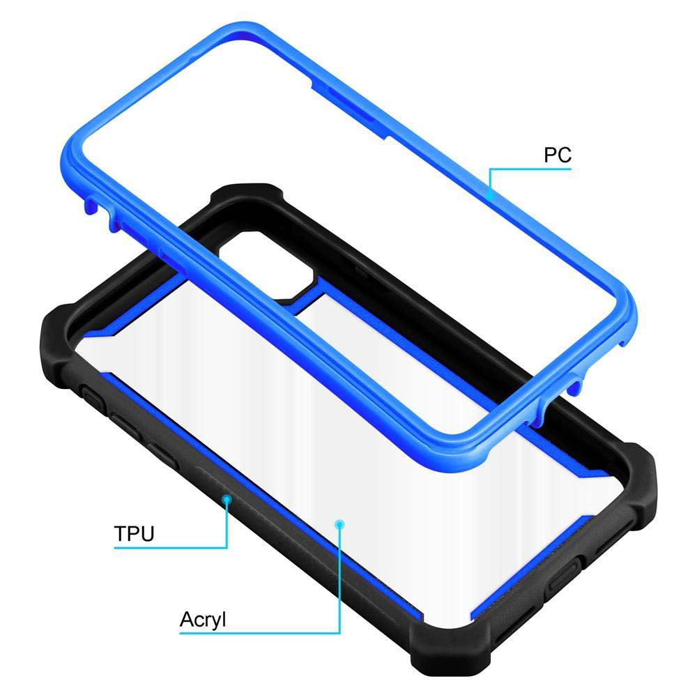 Custodia per telefono con strati neri e blu. Mostra gli strati di PC, TPU e Acryl con etichette.