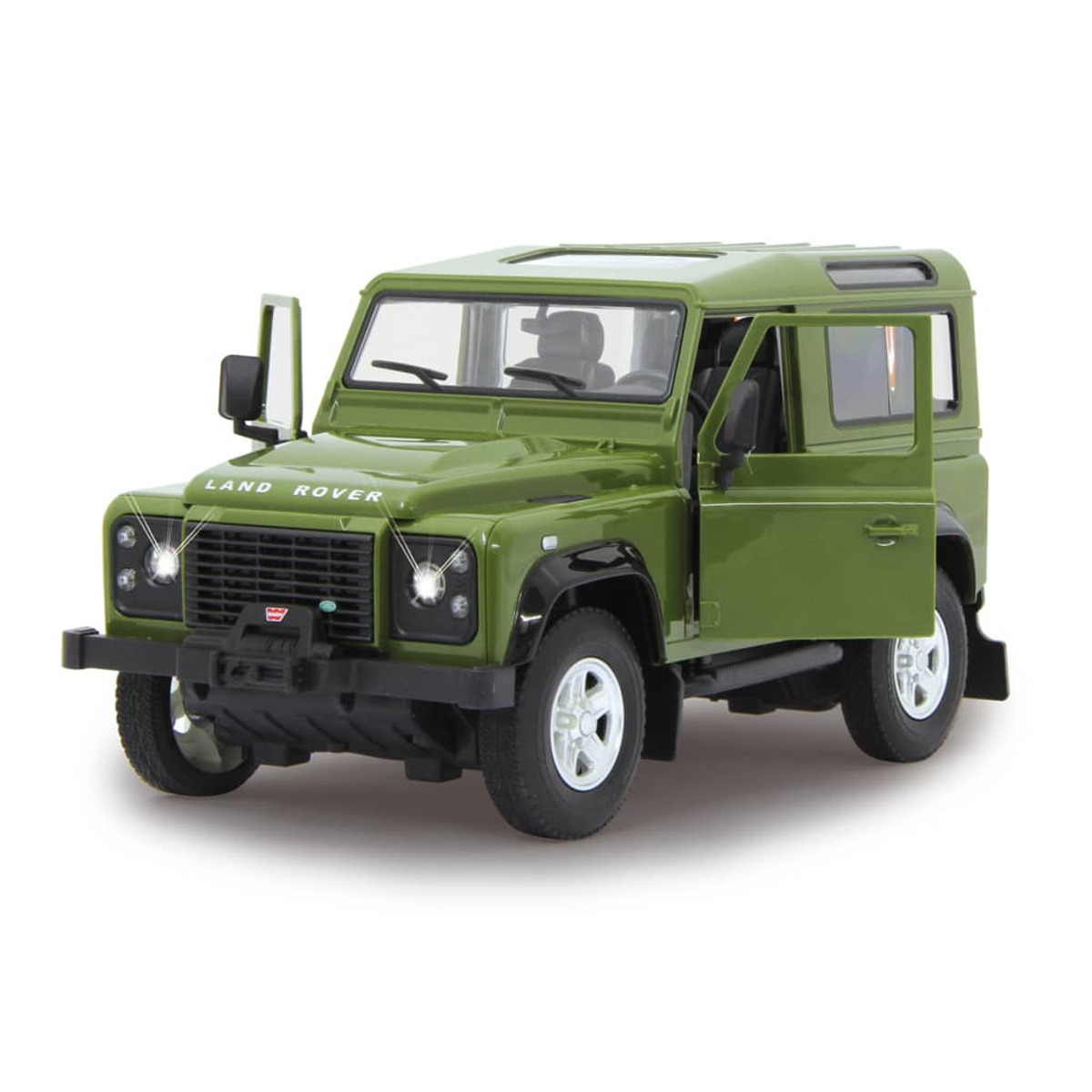 Grünes Land Rover Spielzeugauto mit offenen Türen, auf weißem Hintergrund.