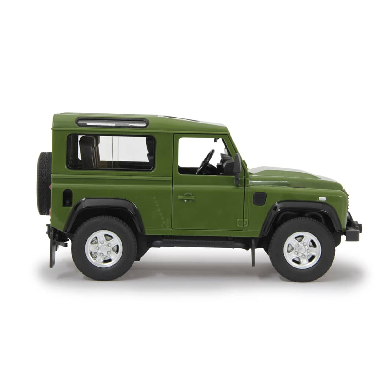 Grünes Land Rover Defender Spielzeugauto, isoliert auf weißem Hintergrund, Seitenansicht.