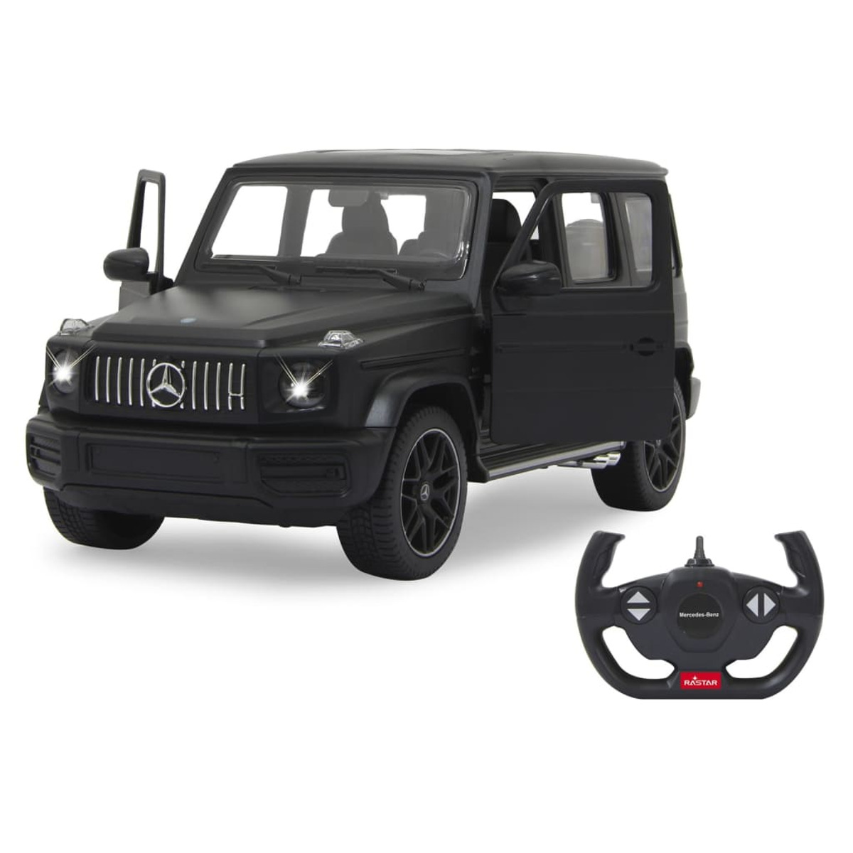 Schwarzes Spielzeug Mercedes-Benz G-Klasse mit offenen Türen und Fernbedienung.