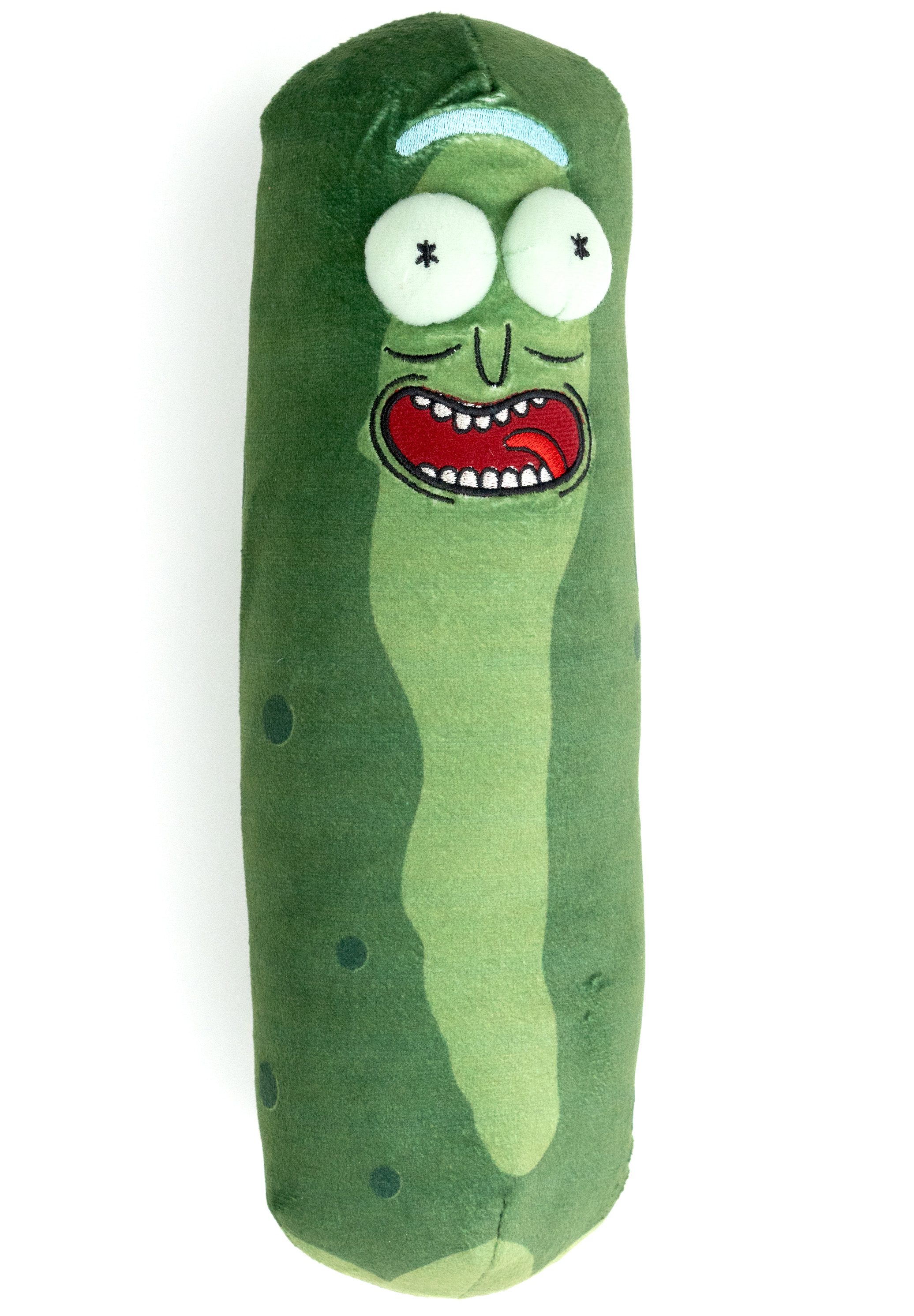 Pickle Rick Plüschtier auf weißem Hintergrund, mit detaillierten Gesichtszügen.