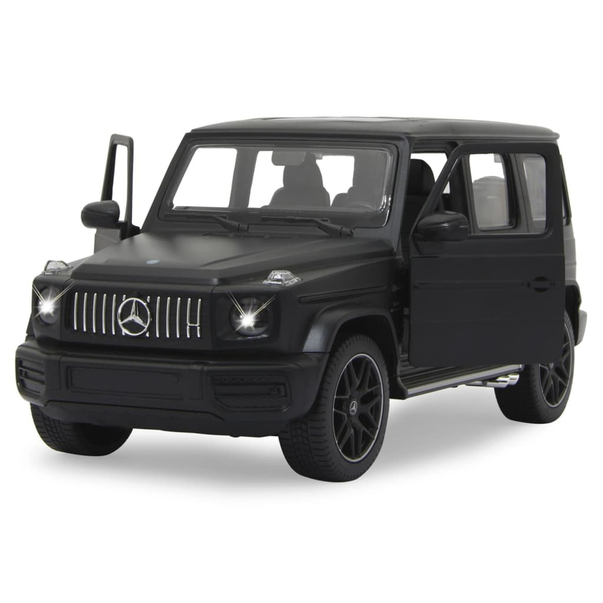 Schwarzes SUV-Modell mit offener Tür auf weißem Hintergrund, detaillierte Vorderansicht.
