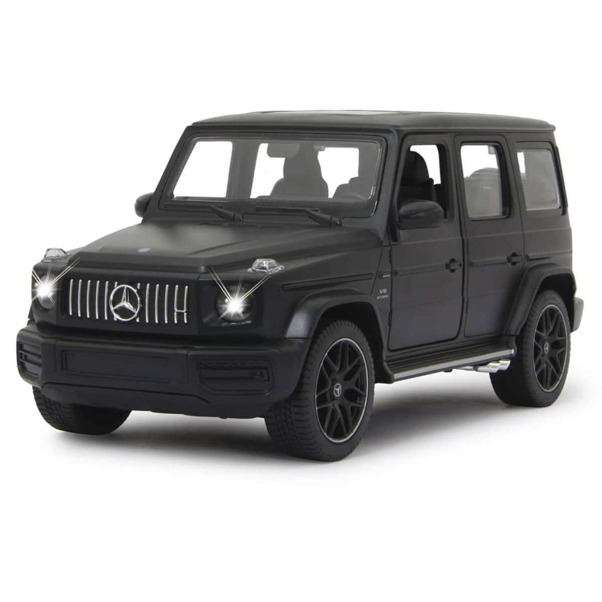 Schwarzes Spielzeug Mercedes-Benz G-Klasse, isoliert auf weißem Hintergrund.