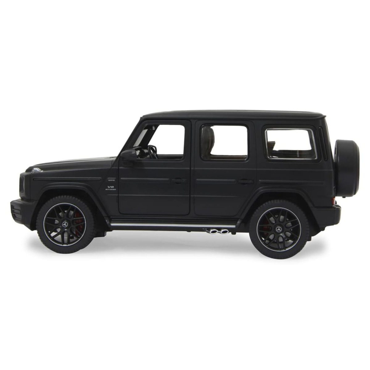 Schwarzes SUV-Modell, Seitenansicht, auf weißem Hintergrund, mit geöffneter Tür.