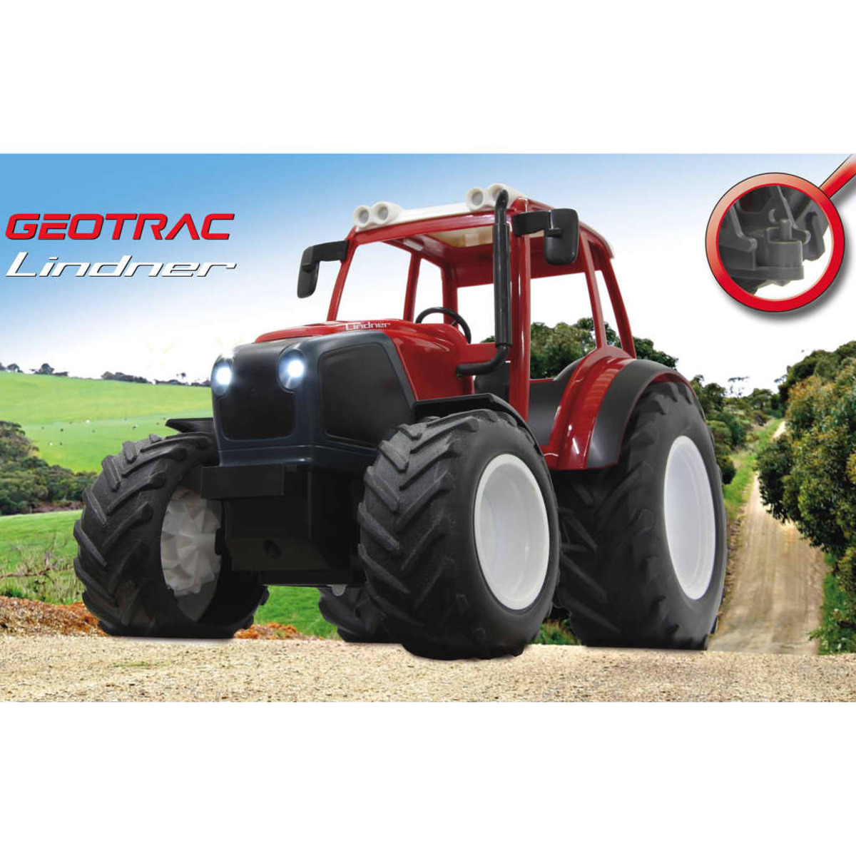 Roter und schwarzer Traktor auf einem Feldweg, mit grünem Hintergrund und Lupe in der Ecke.