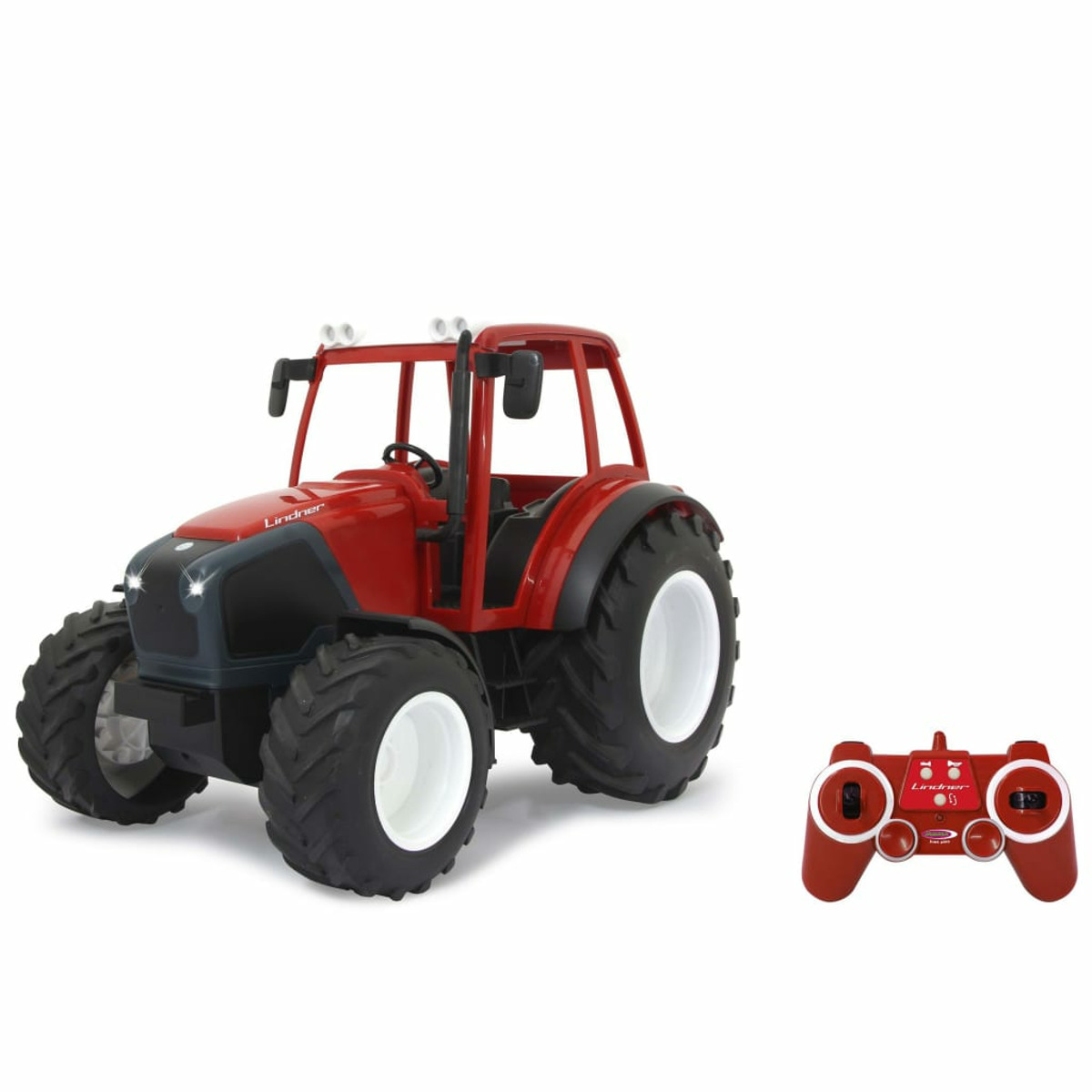 Roter Spielzeugtraktor mit Fernbedienung auf weißem Hintergrund.