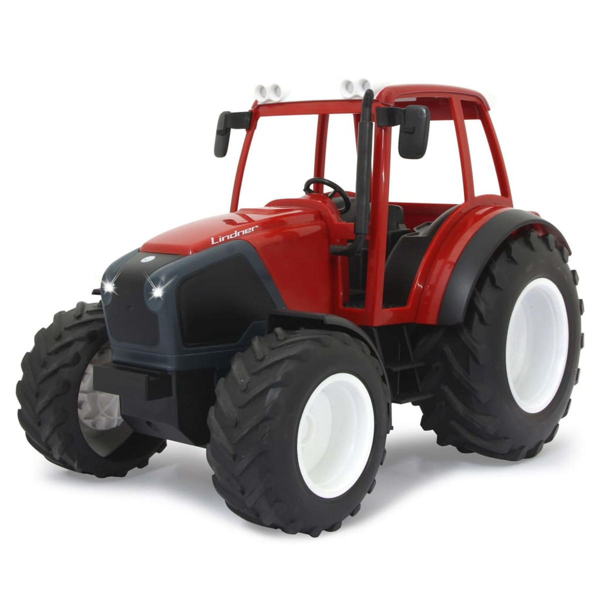 Roter Spielzeugtraktor auf weißem Hintergrund. Vorderansicht, mit schwarzen Reifen und weißen Rädern.