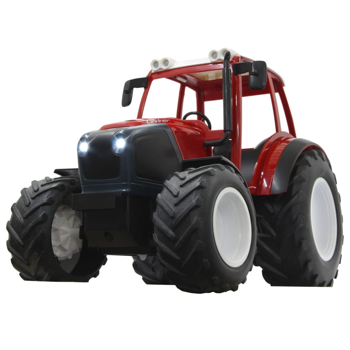 Roter Spielzeugtraktor auf weißem Hintergrund. Vorderansicht, mit schwarzen Reifen und weißen Rädern.