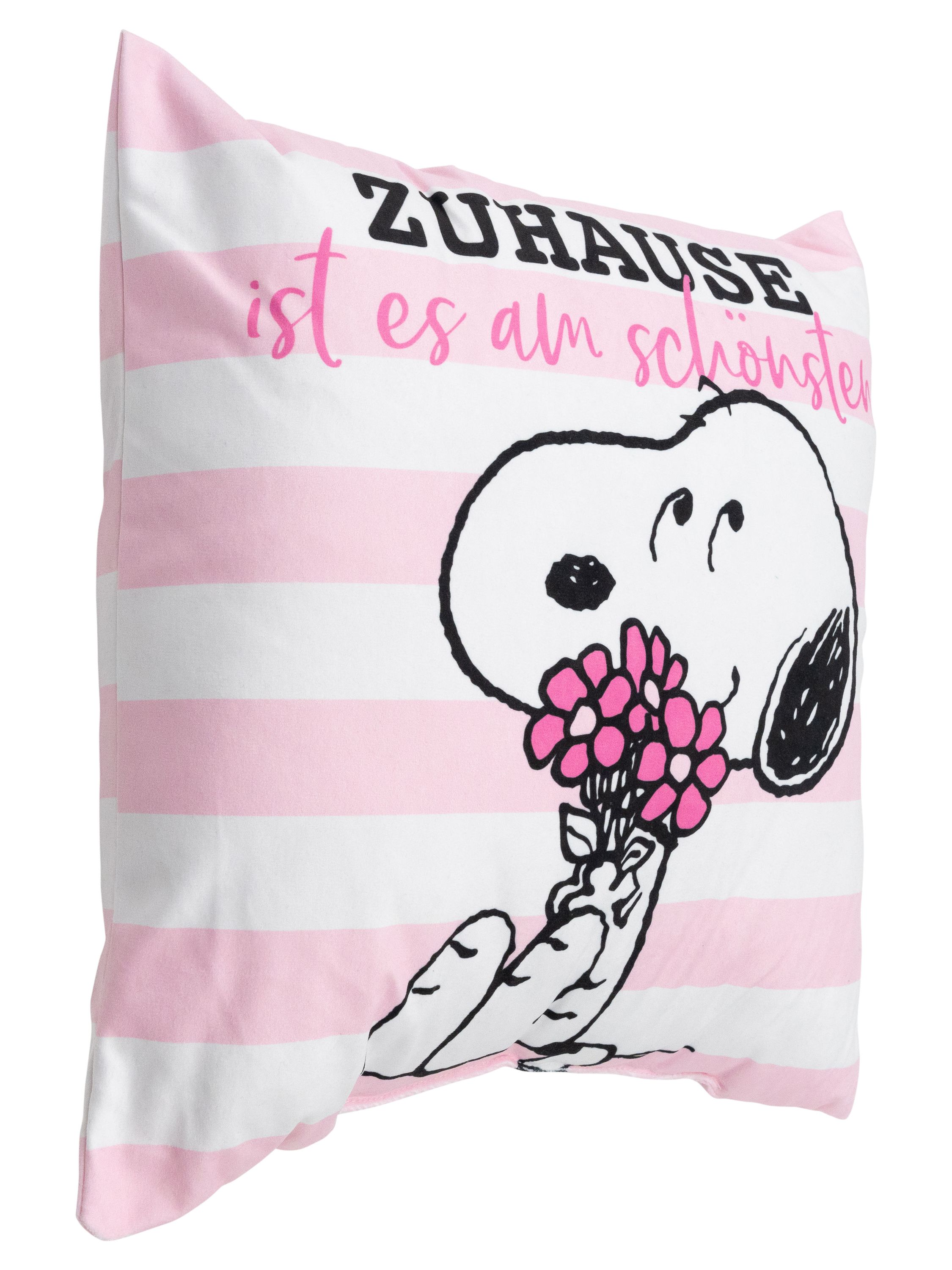 Kissen mit Snoopy, rosa und weiß gestreiftes Design. Text: 'Zuhause ist es am schönsten'. Weißer Hintergrund.