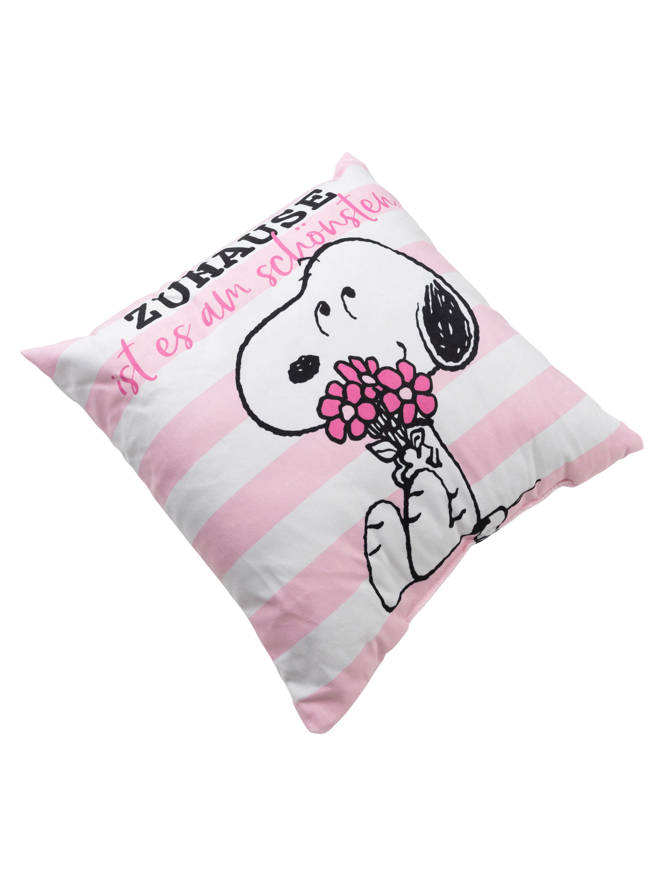 Snoopy-Kissen mit Snoopy, der Blumen hält, und den Worten „Zuhause ist es am schönsten“.