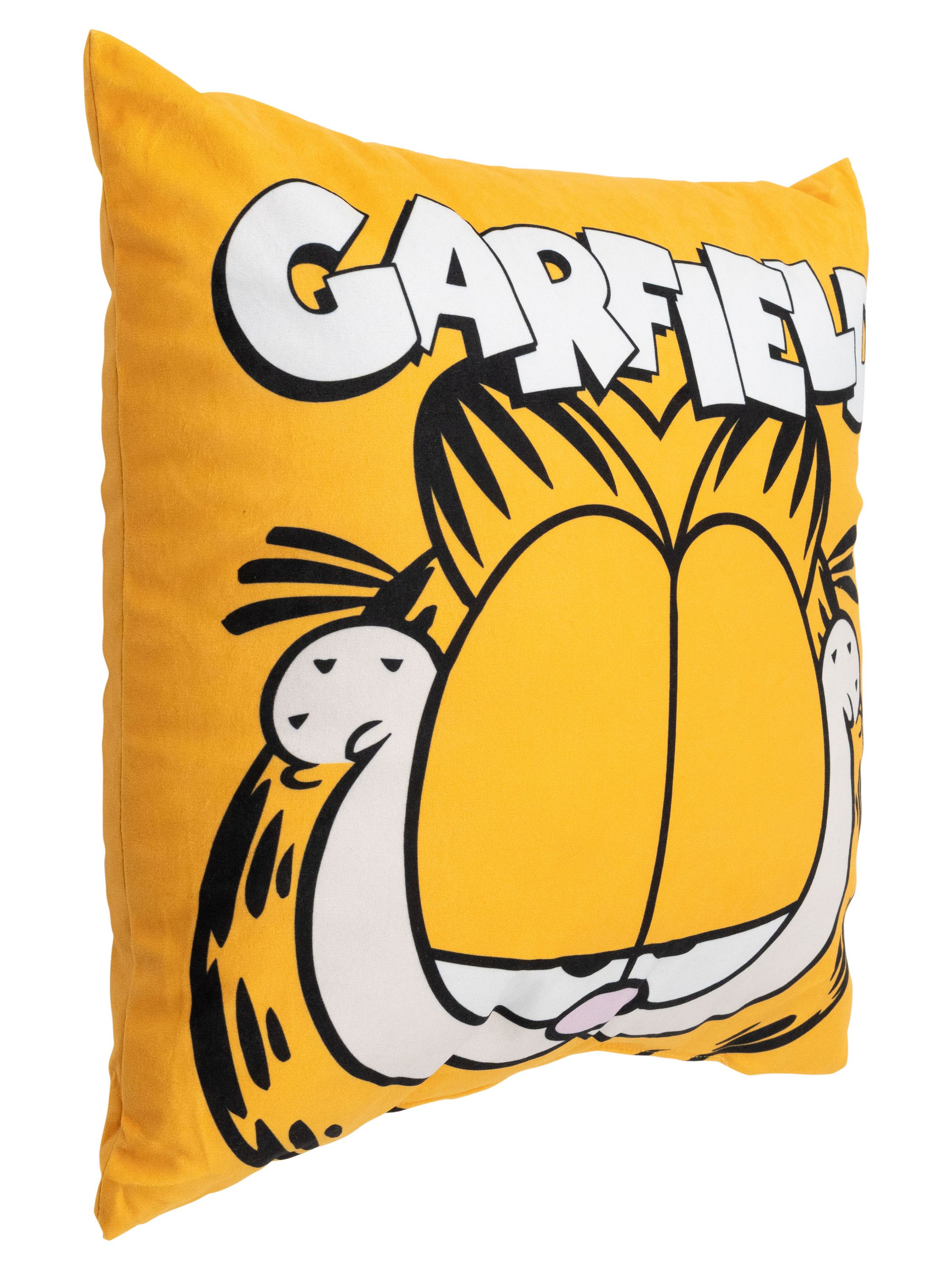 Gelbes Garfield-Kissen mit Garfields Gesicht und dem Wort GARFIELD in weißen Buchstaben.