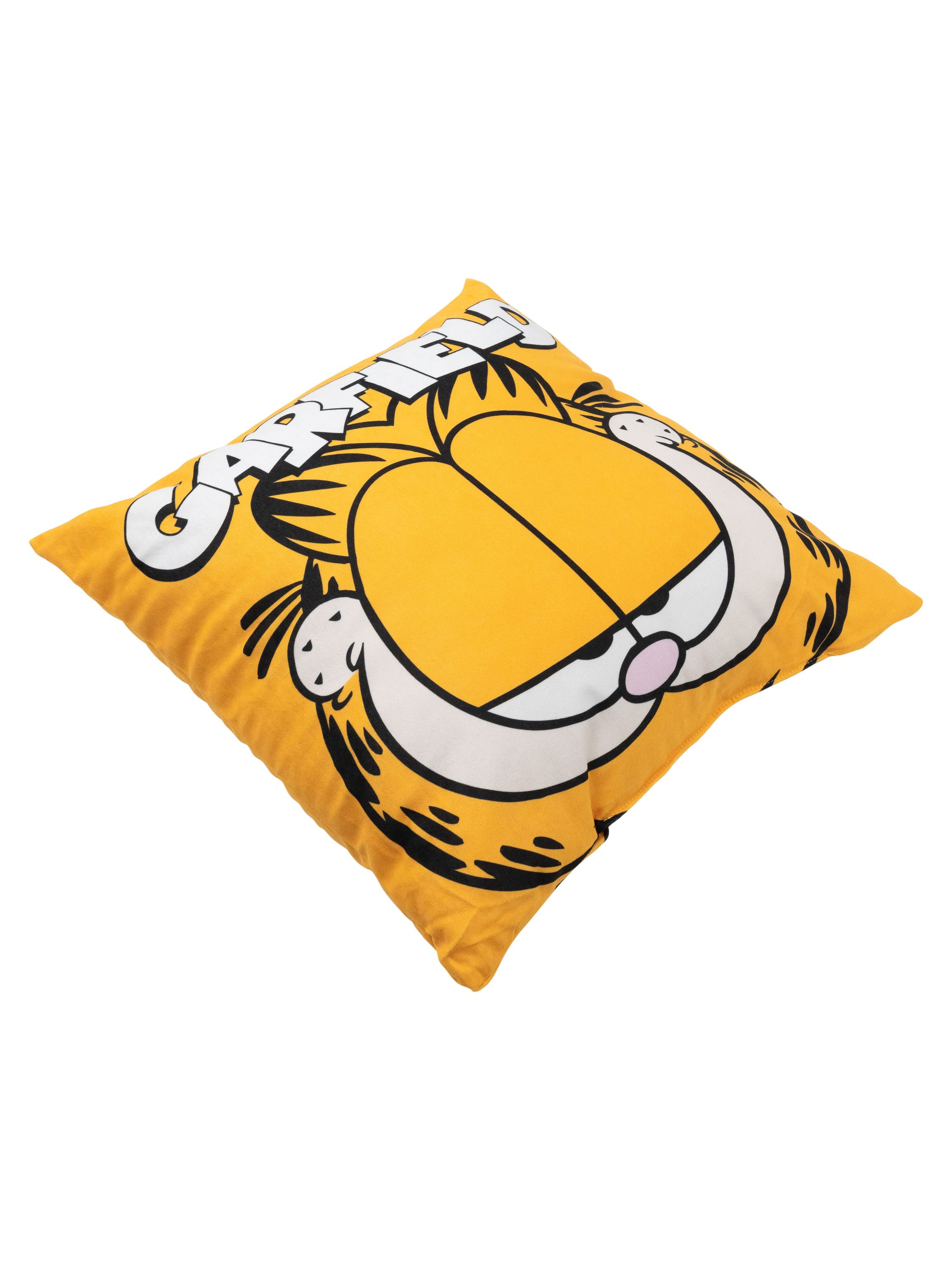 Gelbes Garfield-Kissen. Garfields Gesicht ist auf dem Kissen. Das Kissen ist angewinkelt.