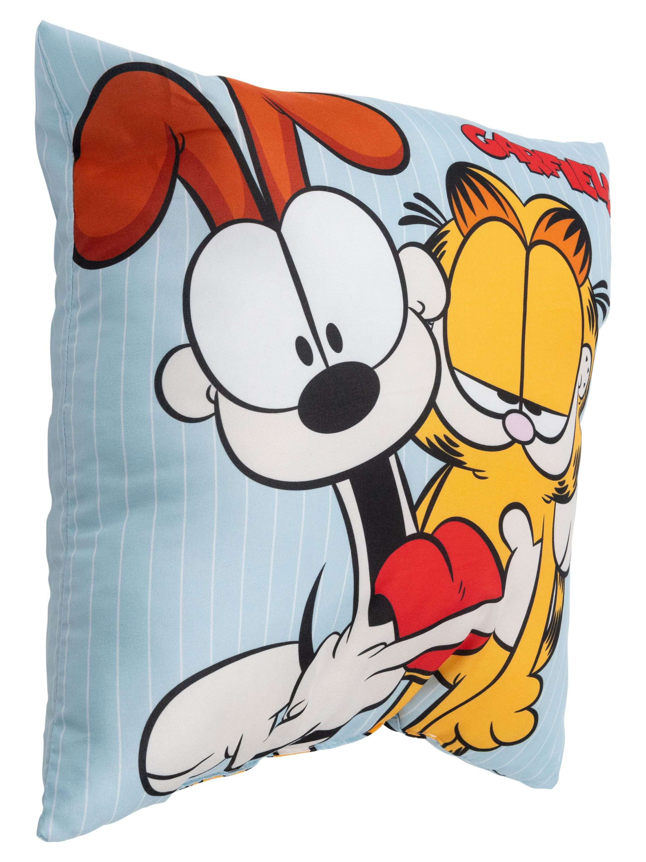 Garfield- und Odie-Kissen, das Cartoonfiguren zeigt, die sich auf hellblauem, gestreiftem Hintergrund umarmen.