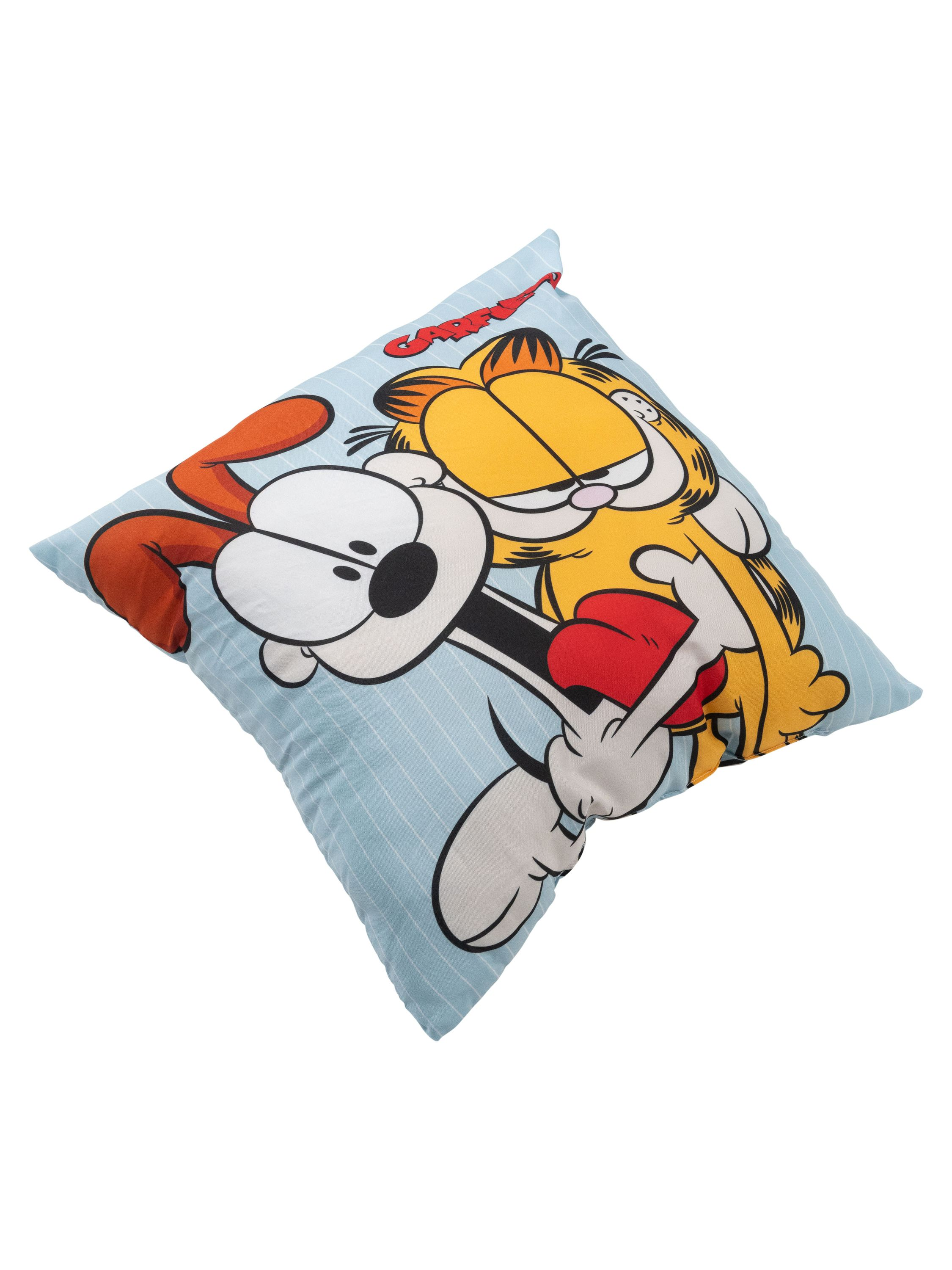 Garfield- und Odie-Kissen auf hellblau gestreiftem Hintergrund. Cartoon-Design.