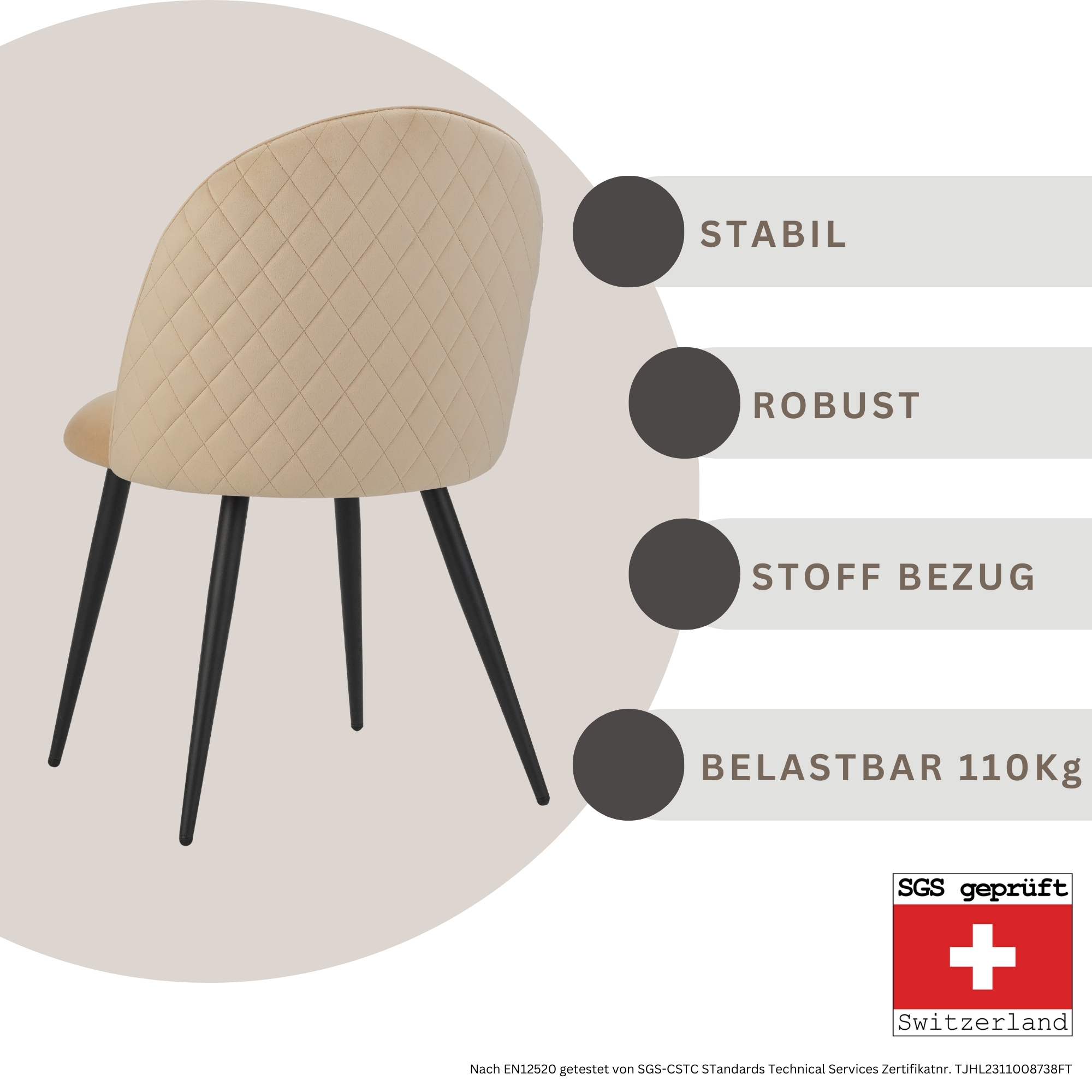 Beiger Stuhl mit gesteppter Rückenlehne und schwarzen Beinen auf weißem Hintergrund, Details zur Stabilität.