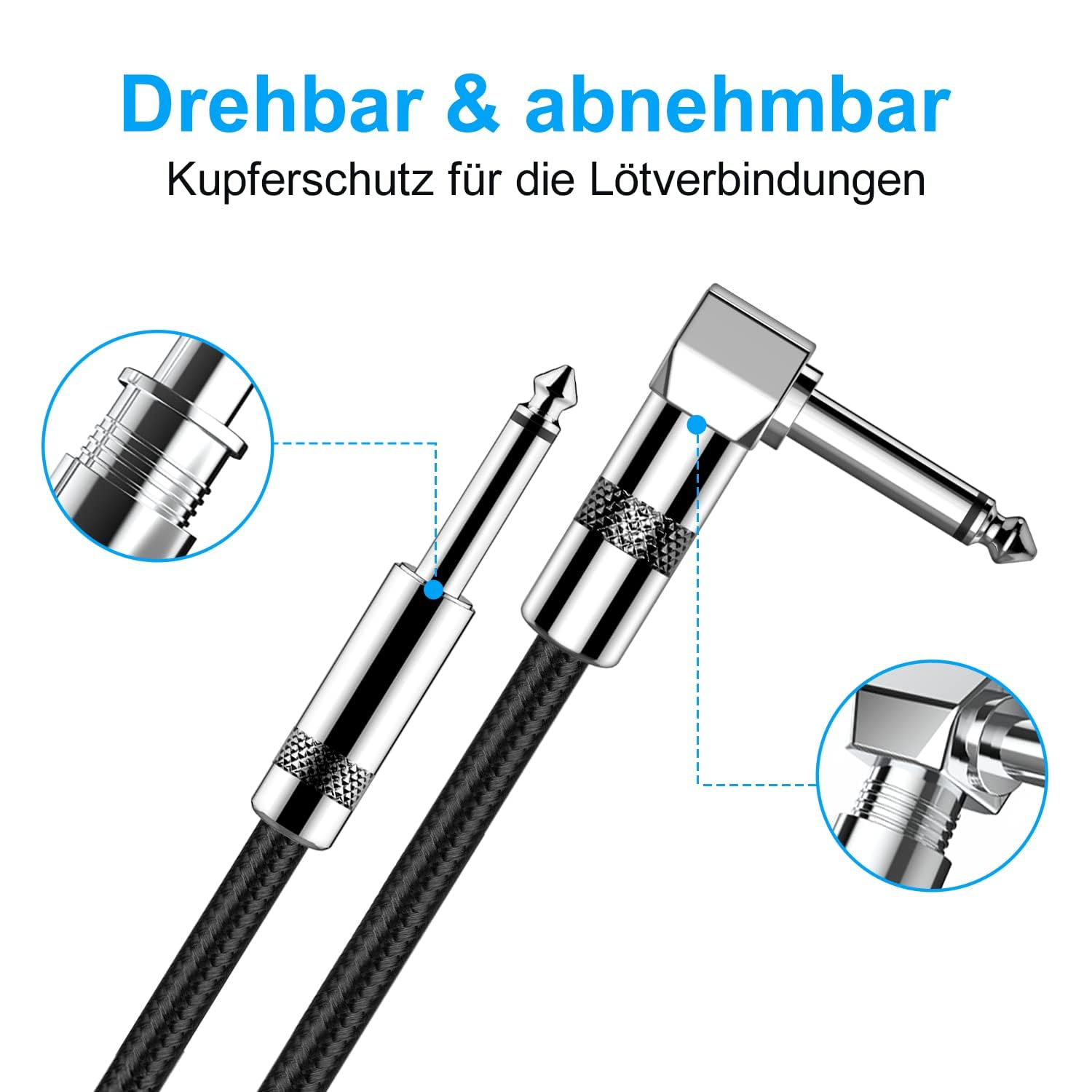 Nahaufnahme von zwei Gitarrenkabelanschlüssen. Einer ist abgewinkelt, der andere gerade, beide schwarz und silber.