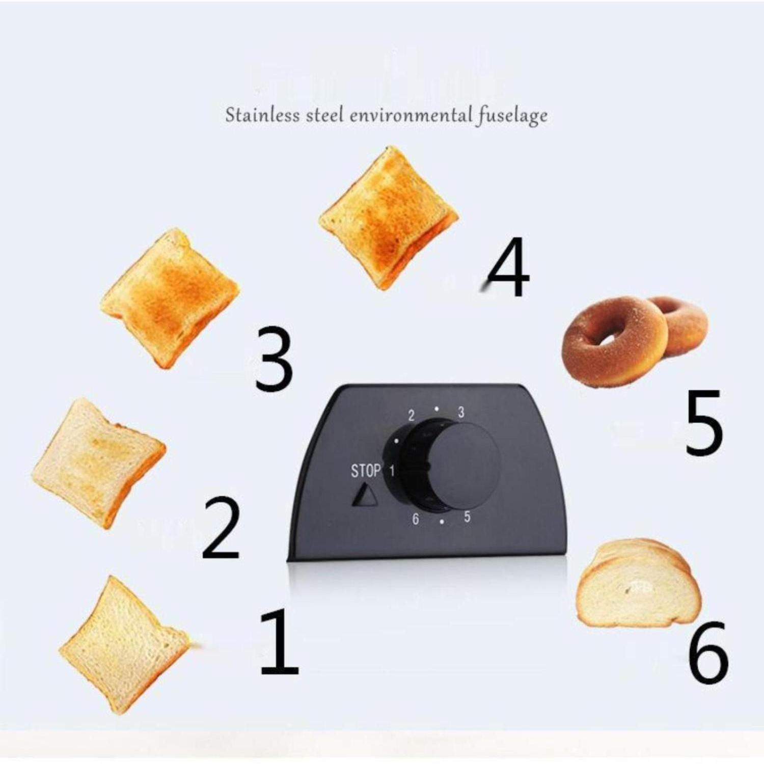 Toaster mit Brotscheiben und Donuts. Zahlen zeigen Toaststufen und Toastgut an.