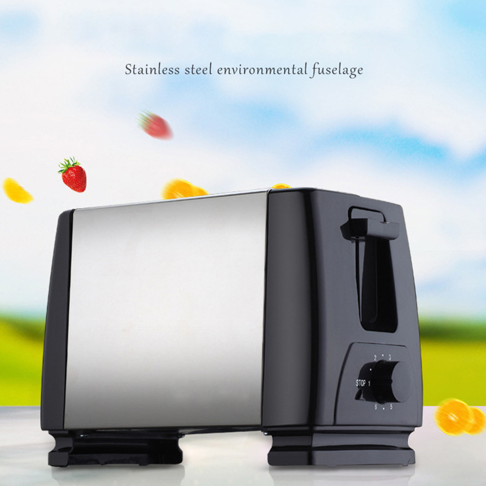 Ein schwarz-chromfarbener Toaster mit Früchten und Himmelshintergrund.