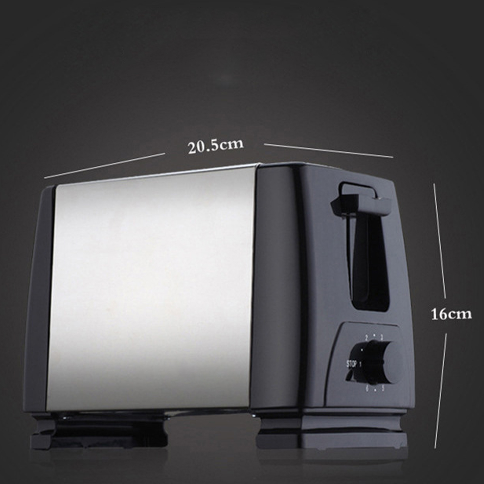 Schwarzer und silberner Toaster. Abmessungen: 20,5 cm breit, 16 cm hoch.