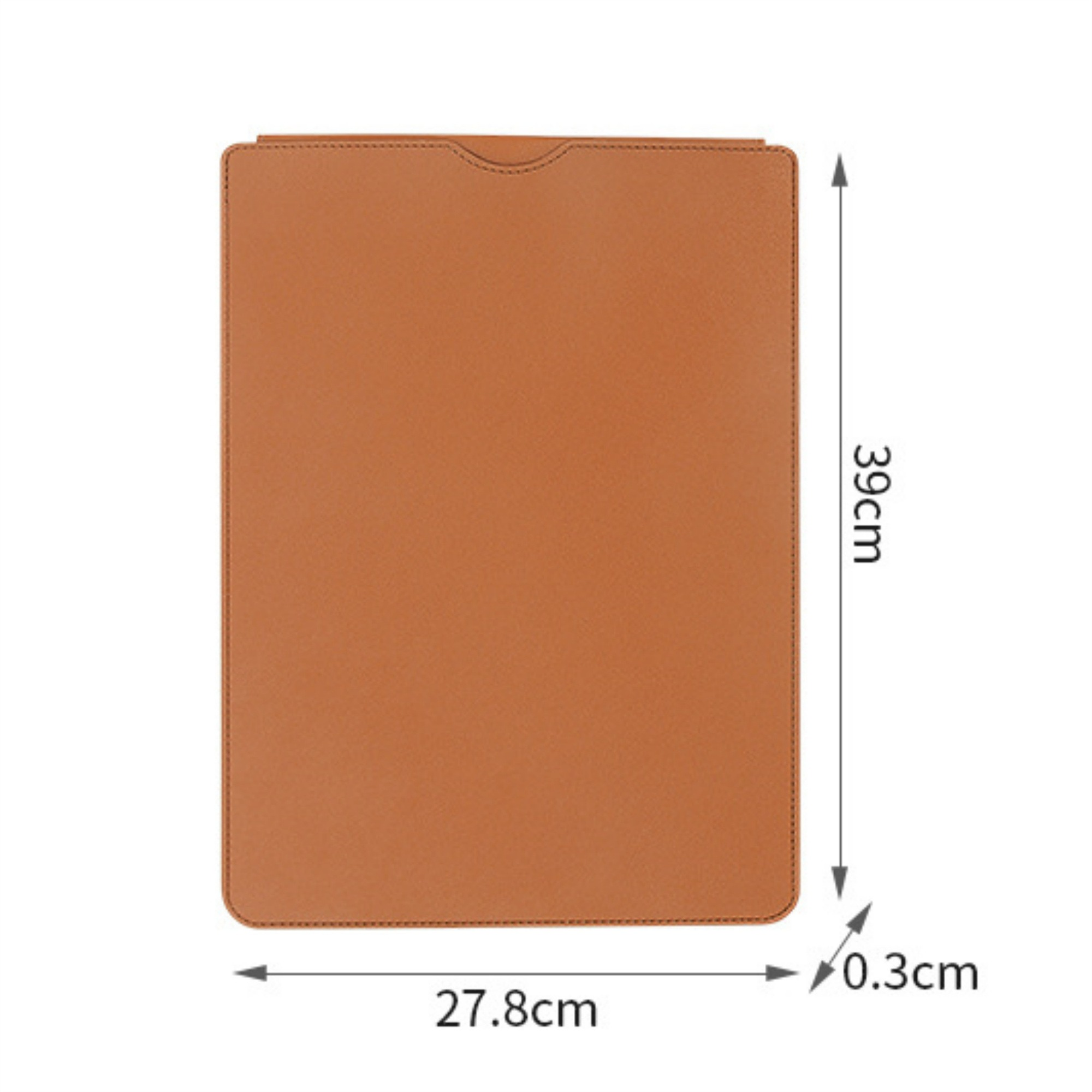 Braune Ledertasche. Abmessungen: 27,8 cm breit, 39 cm hoch und 0,3 cm dick.