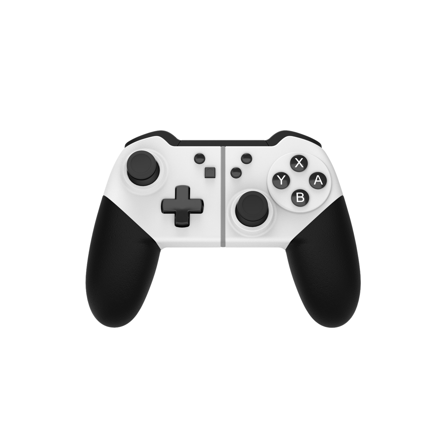 Weiß-schwarzer Gamecontroller. Der Controller ist in zwei Hälften geteilt, mit Fokus auf die Tasten.