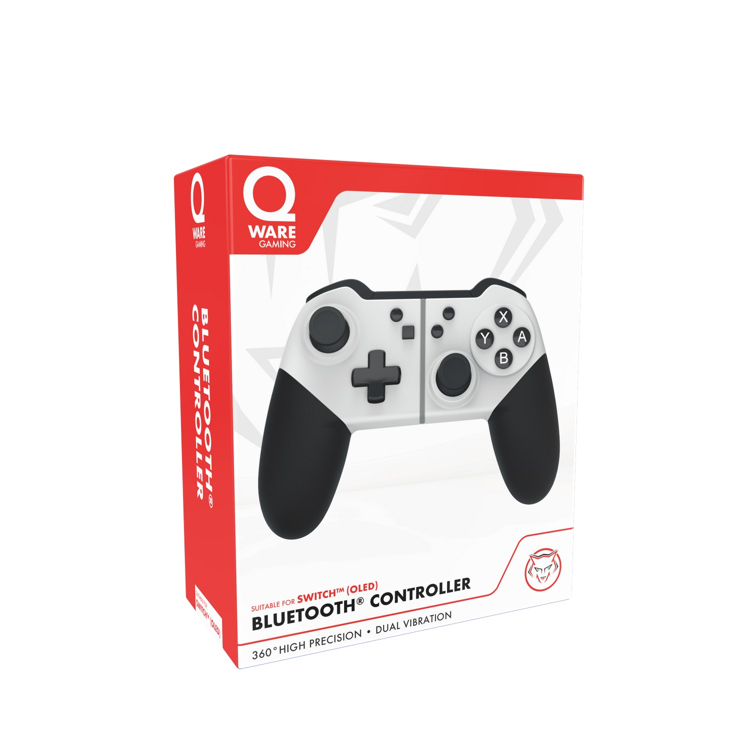 Gamepad in einer Schachtel, weiß und schwarz, mit Kreuz und Knöpfen sichtbar.
