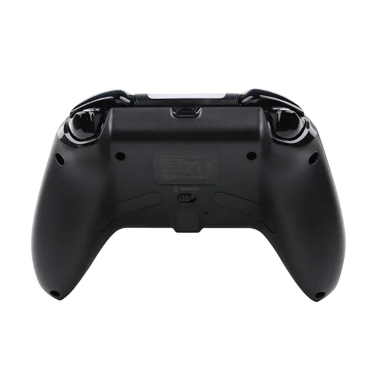 Schwarzer Gamecontroller, Rückansicht. Es hat Tasten und einen Ein/Aus-Schalter sichtbar.