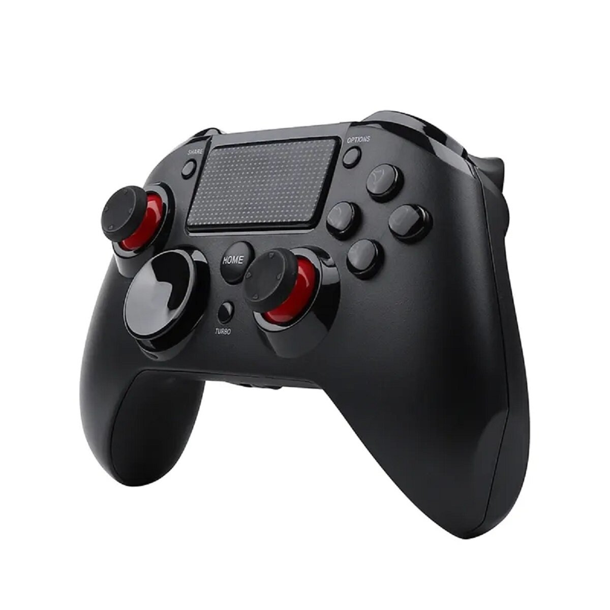 Schwarzer Gamecontroller. Er hat rote Akzente auf den Joysticks und Knöpfen.