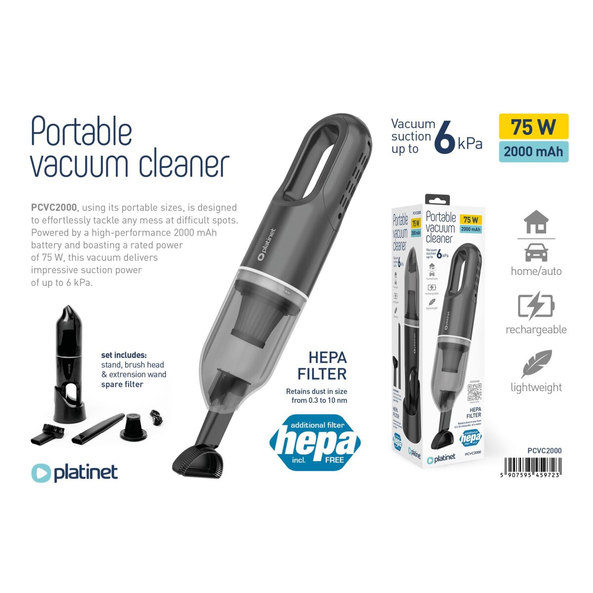 Aspirapolvere portatile con accessori. Il testo descrive caratteristiche come filtro HEPA e 75W.