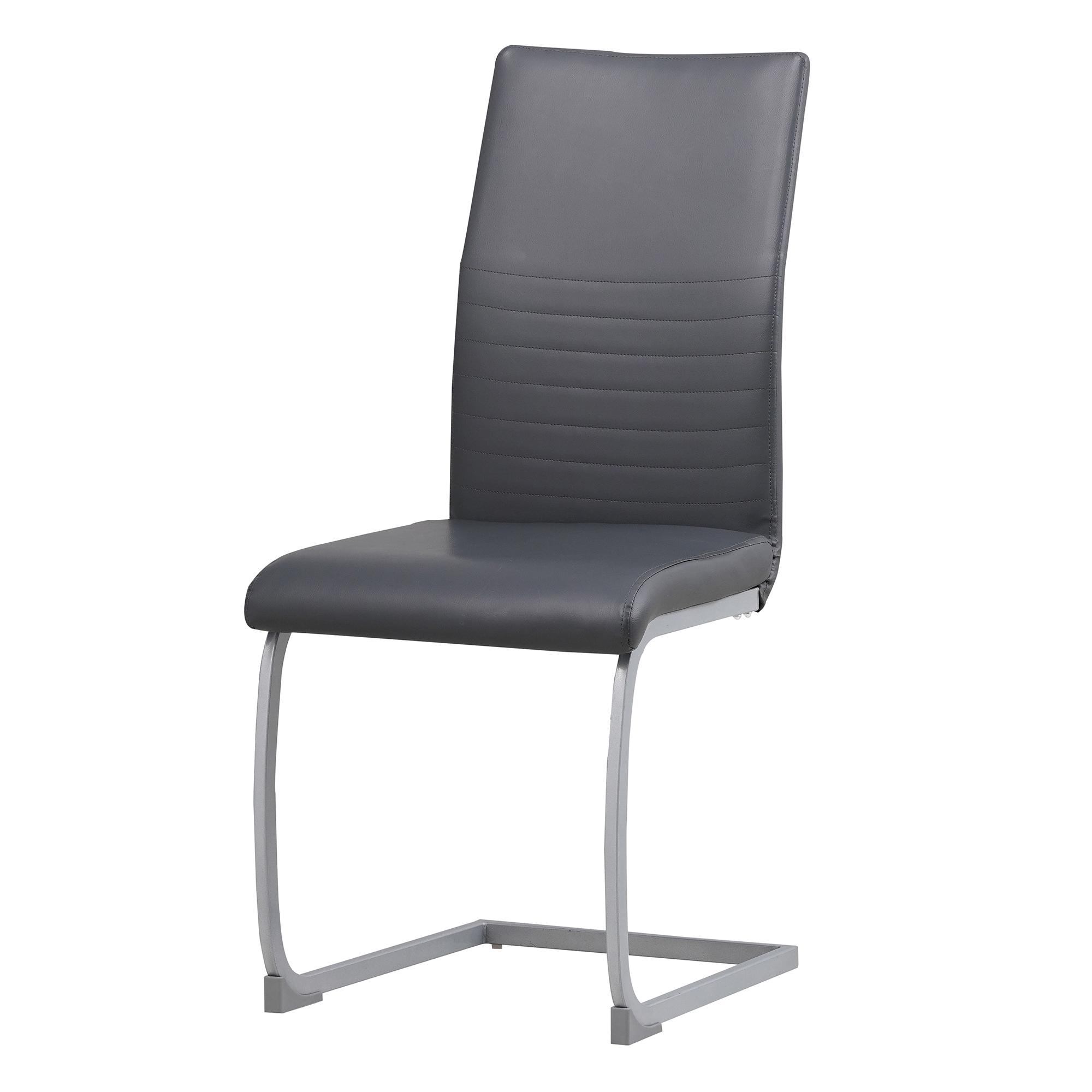 Grauer Stuhl mit silbernem Gestell. Modernes Design mit geschwungener Basis und hohem Rücken. Weißer Hintergrund.