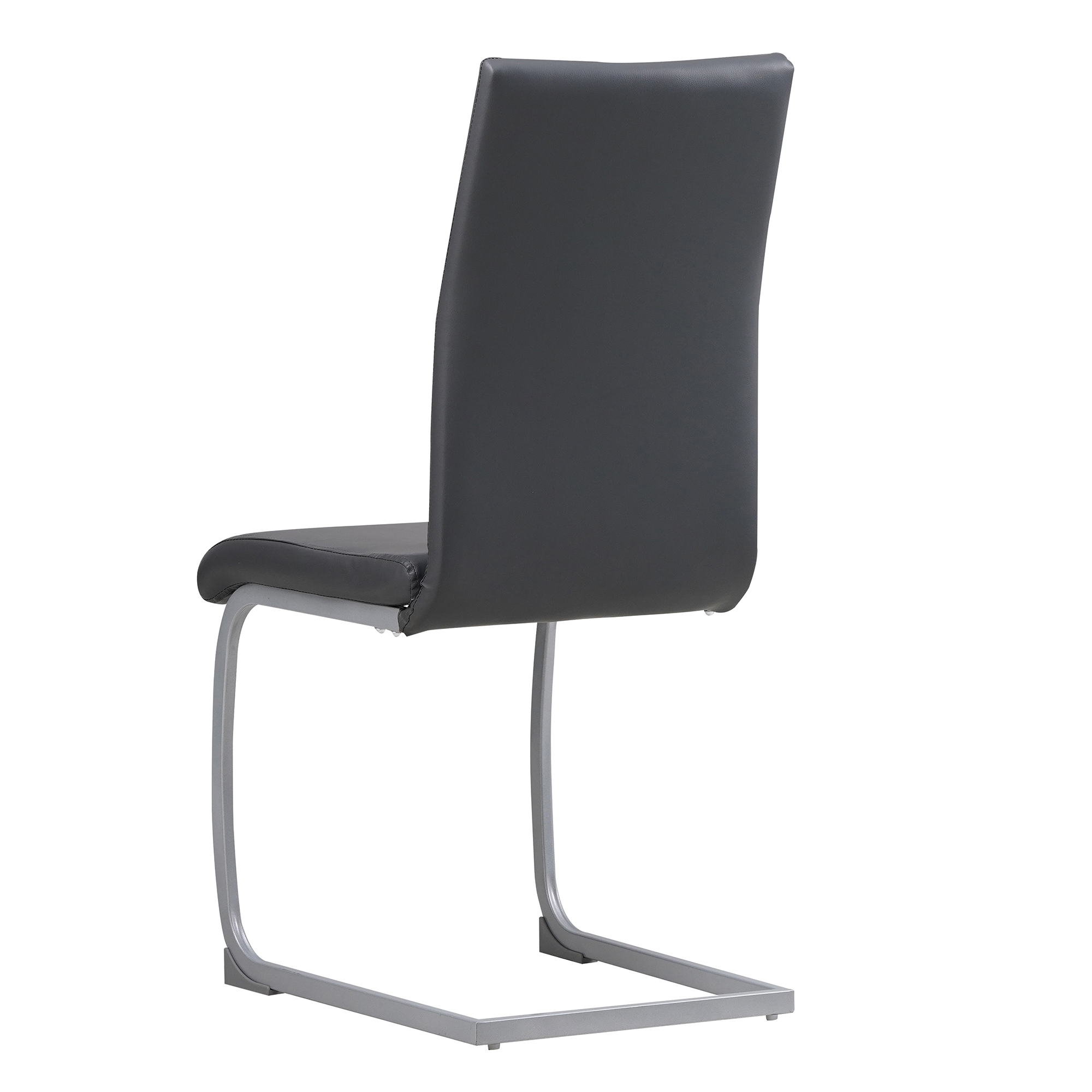 Rückseite des grauen Stuhls mit silbernem Gestell. Modernes Design, geschwungene Basis, hoher Rücken. Weißer Hintergrund.